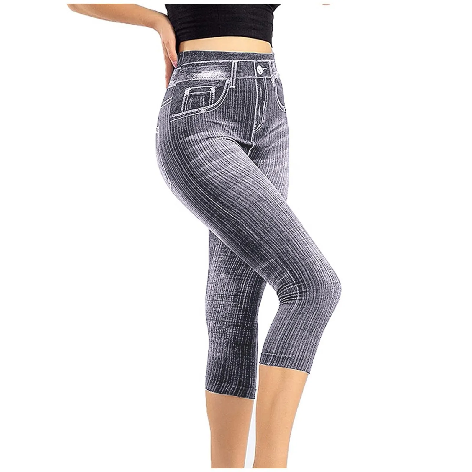BOTCAM Leggings Capri da Donna 3/4 Effetto Jeans a Vita Alta con Tasche, Grigio, L - immagine 1