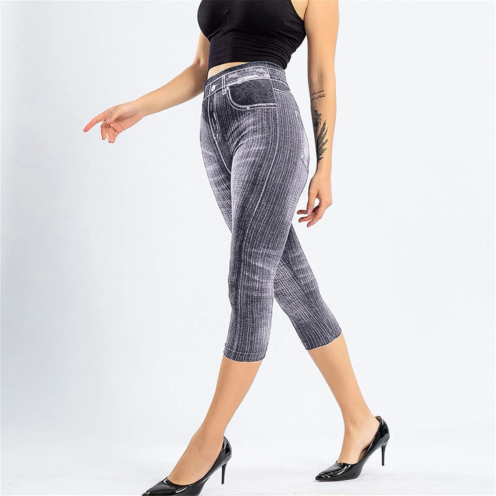 BOTCAM Leggings Capri da Donna 3/4 Effetto Jeans a Vita Alta con Tasche, Grigio, L - immagine 2