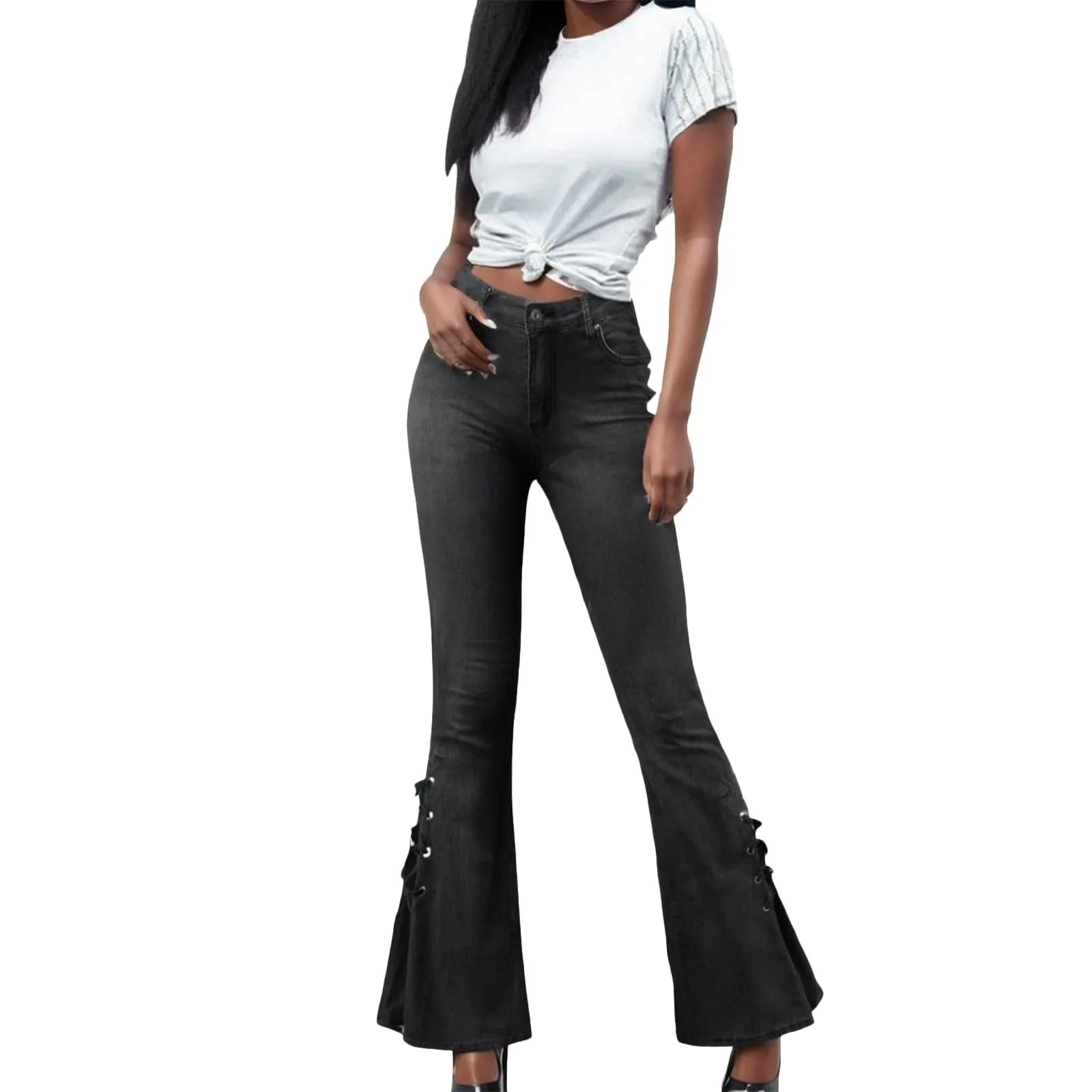 Generico Jeans Donna Flared a Zampa di Elefante, Pantaloni Vita Alta Push Up Bootcut Elasticizzati, Effetto Vissuto Retro - immagine 6