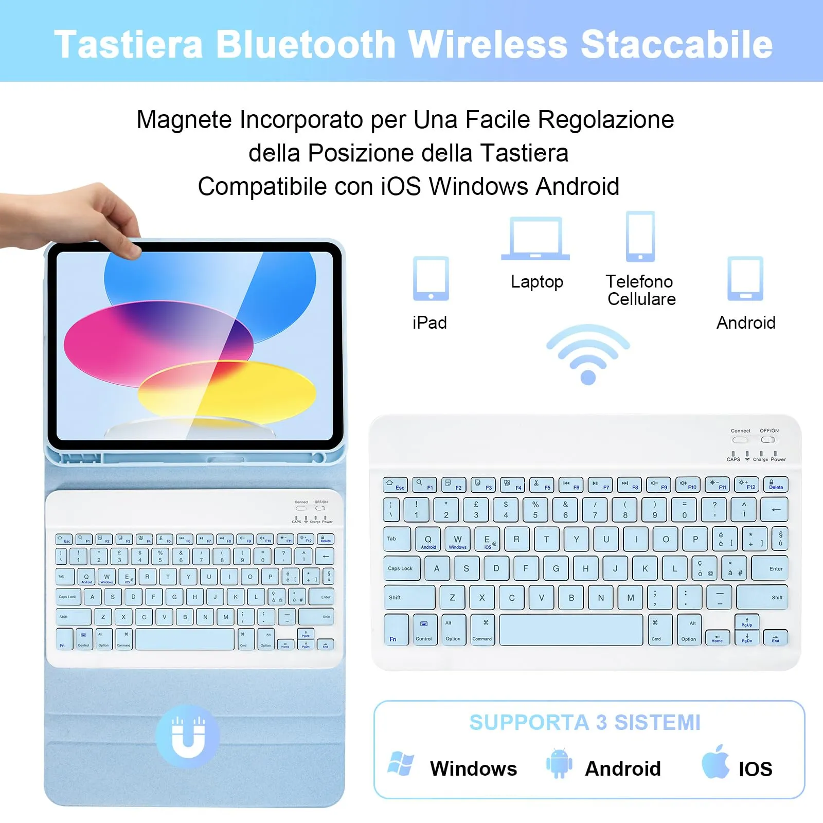 SOPPY Custodia con Tastiera Bluetooth per iPad 11ª Generazione 11 Pollici 2025 e 10ª Generazione 10,9 Pollici 2022, Cover Protettiva Staccabile con Slot per Penna, Layout Italiano, Azzurro - immagine 3