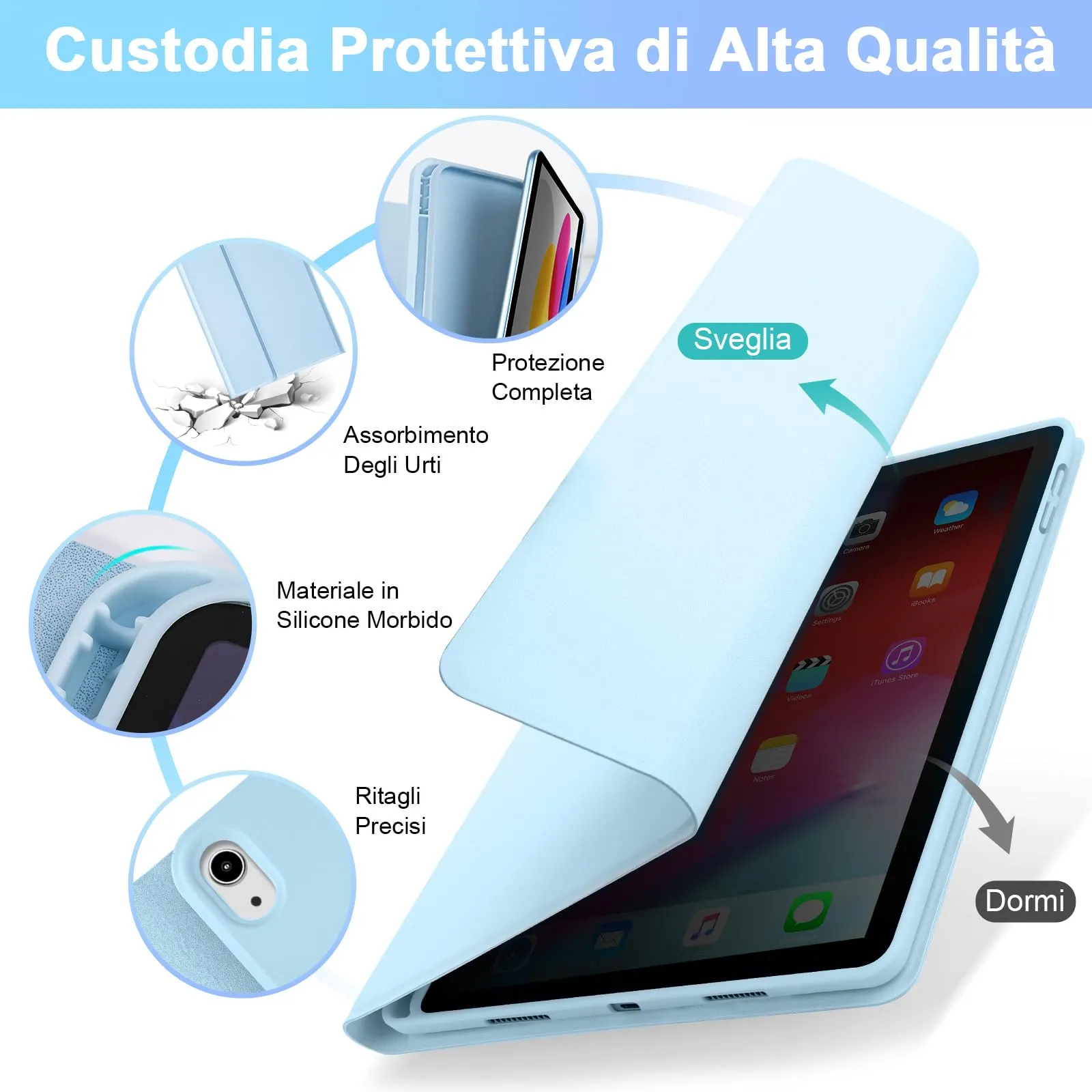 SOPPY Custodia con Tastiera Bluetooth per iPad 11ª Generazione 11 Pollici 2025 e 10ª Generazione 10,9 Pollici 2022, Cover Protettiva Staccabile con Slot per Penna, Layout Italiano, Azzurro - immagine 4