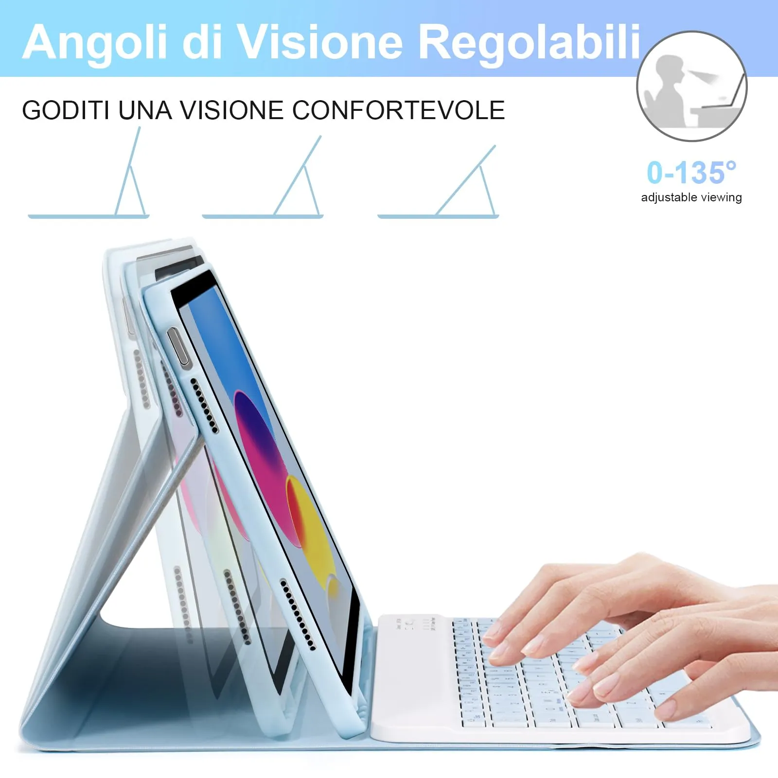 SOPPY Custodia con Tastiera Bluetooth per iPad 11ª Generazione 11 Pollici 2025 e 10ª Generazione 10,9 Pollici 2022, Cover Protettiva Staccabile con Slot per Penna, Layout Italiano, Azzurro - immagine 5