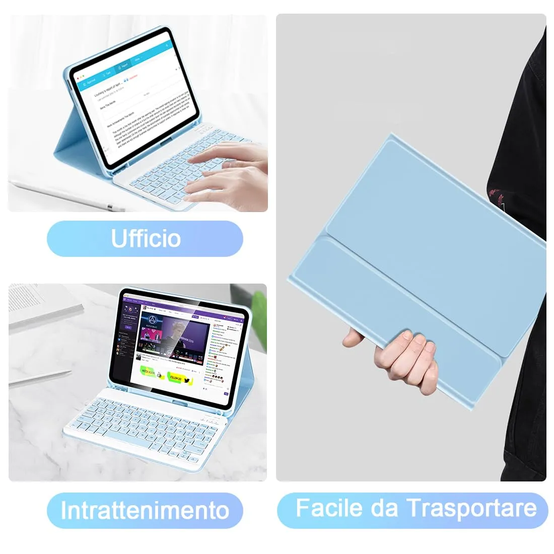 SOPPY Custodia con Tastiera Bluetooth per iPad 11ª Generazione 11 Pollici 2025 e 10ª Generazione 10,9 Pollici 2022, Cover Protettiva Staccabile con Slot per Penna, Layout Italiano, Azzurro - immagine 7