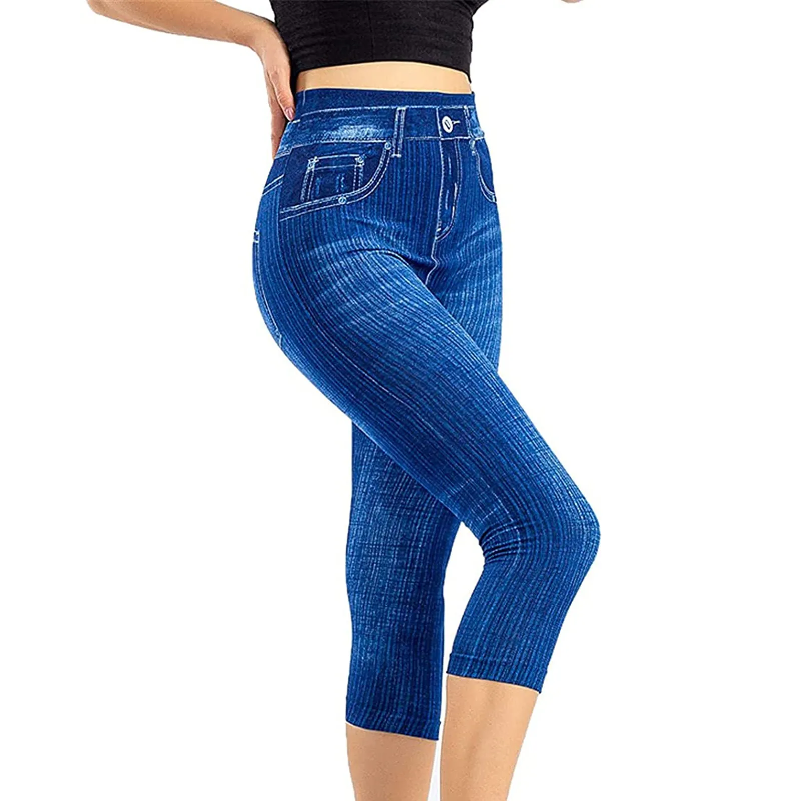 BOTCAM Leggings Capri da donna 3/4 effetto jeans a vita alta con tasche, Blu, S - immagine 2