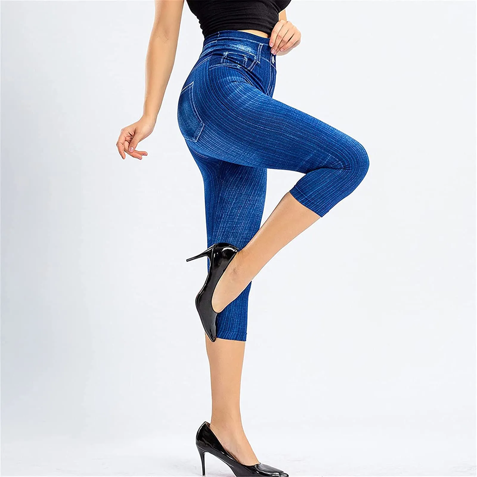 BOTCAM Leggings Capri da donna 3/4 effetto jeans a vita alta con tasche, Blu, S - immagine 6