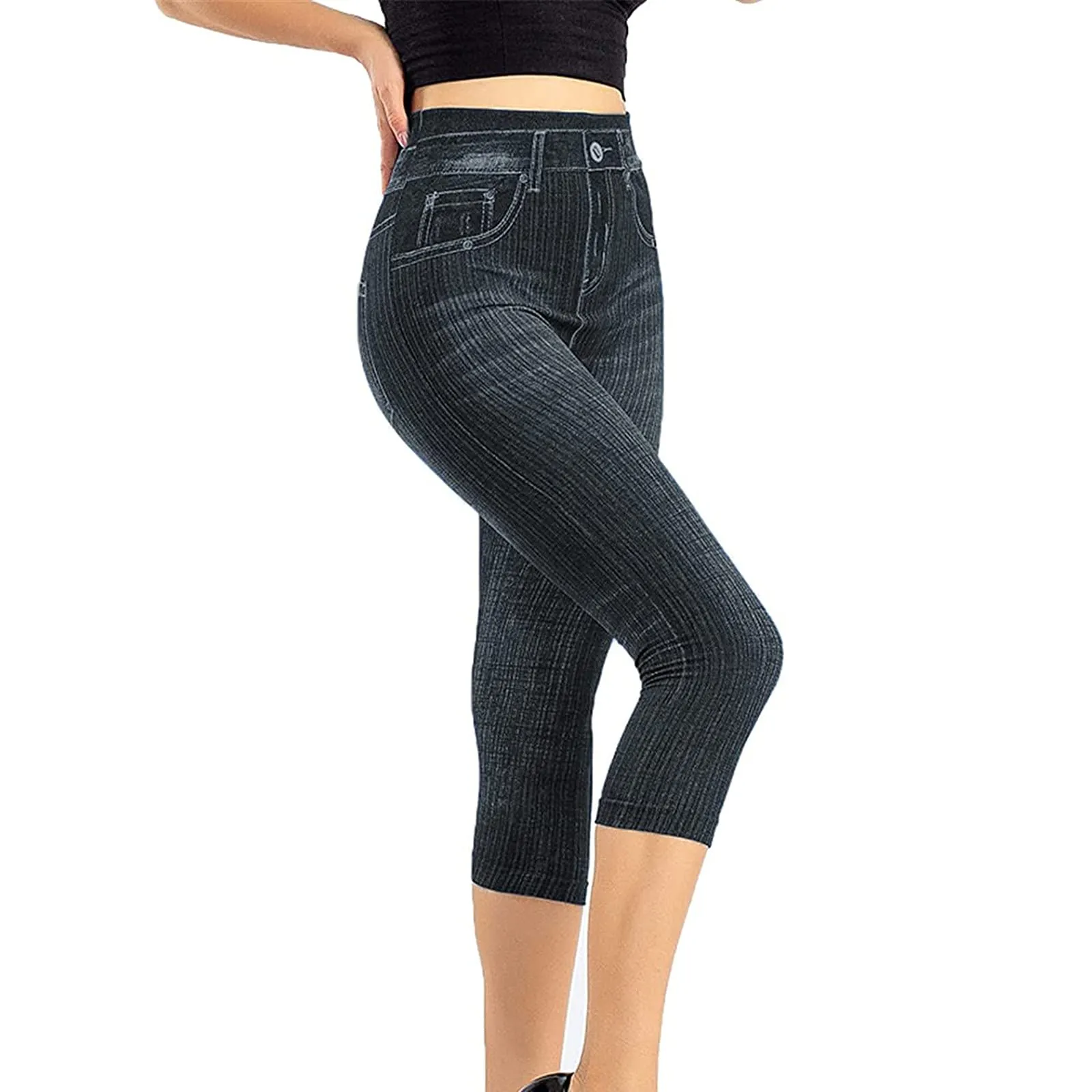 BOTCAM Leggings Capri da donna a 3/4 Effetto Jeans a Vita Alta con Tasche, Nero, XXL - immagine 2