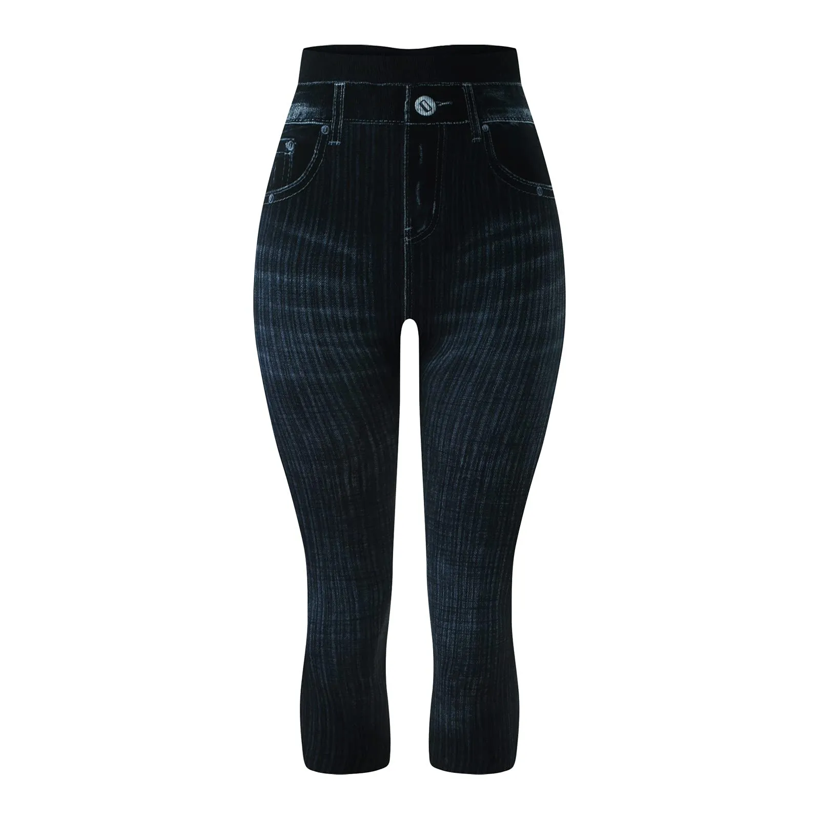 BOTCAM Leggings Capri da donna a 3/4 Effetto Jeans a Vita Alta con Tasche, Nero, XXL - immagine 5
