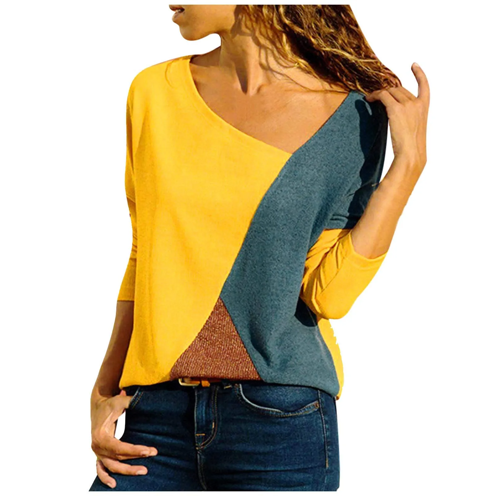 Uwdiohq Donna Blusa Manica Lunga Grigia Splicing Colore 5XL - immagine 1