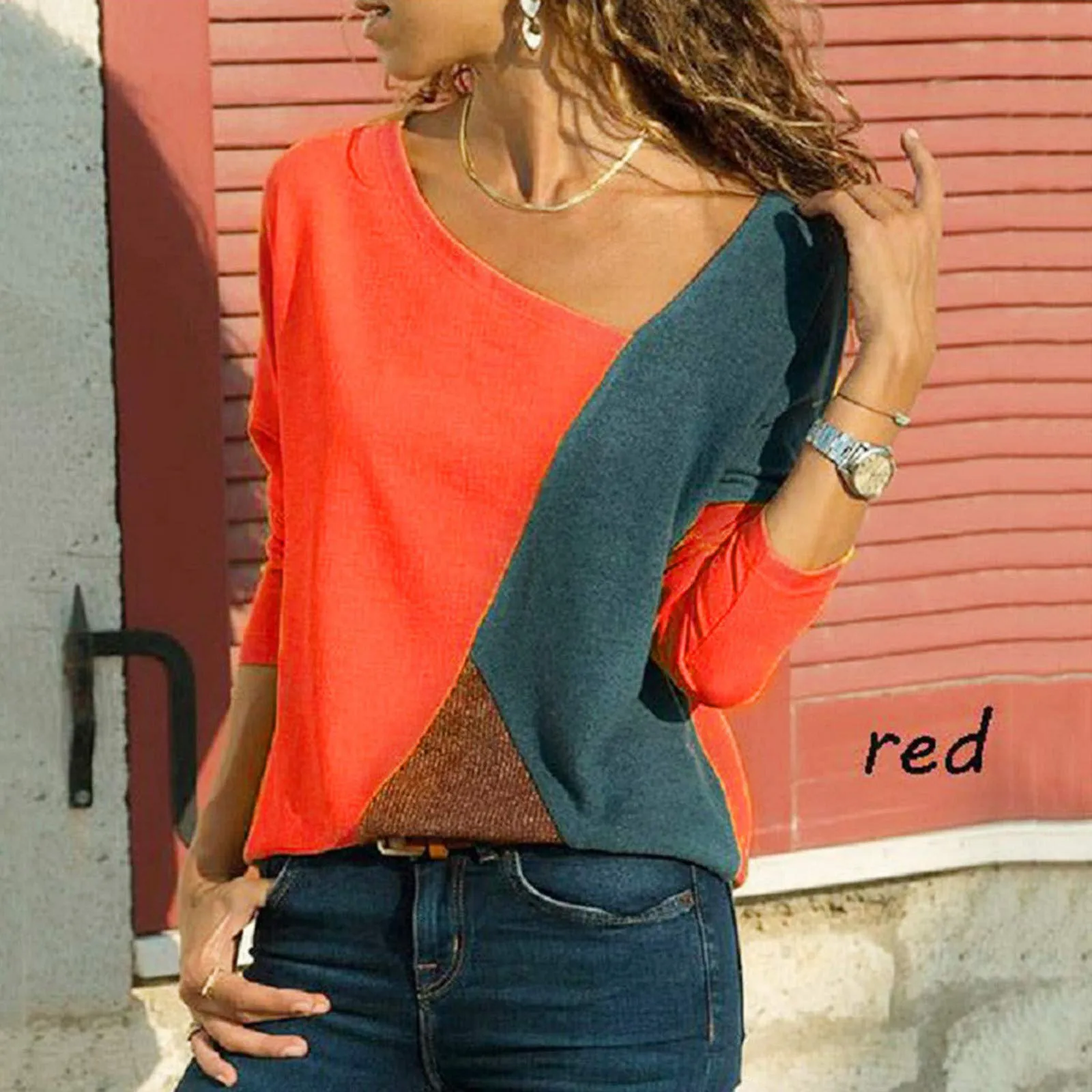 Uwdiohq Donna Bluse Camicia Lunga Grigia Splicing - immagine 3