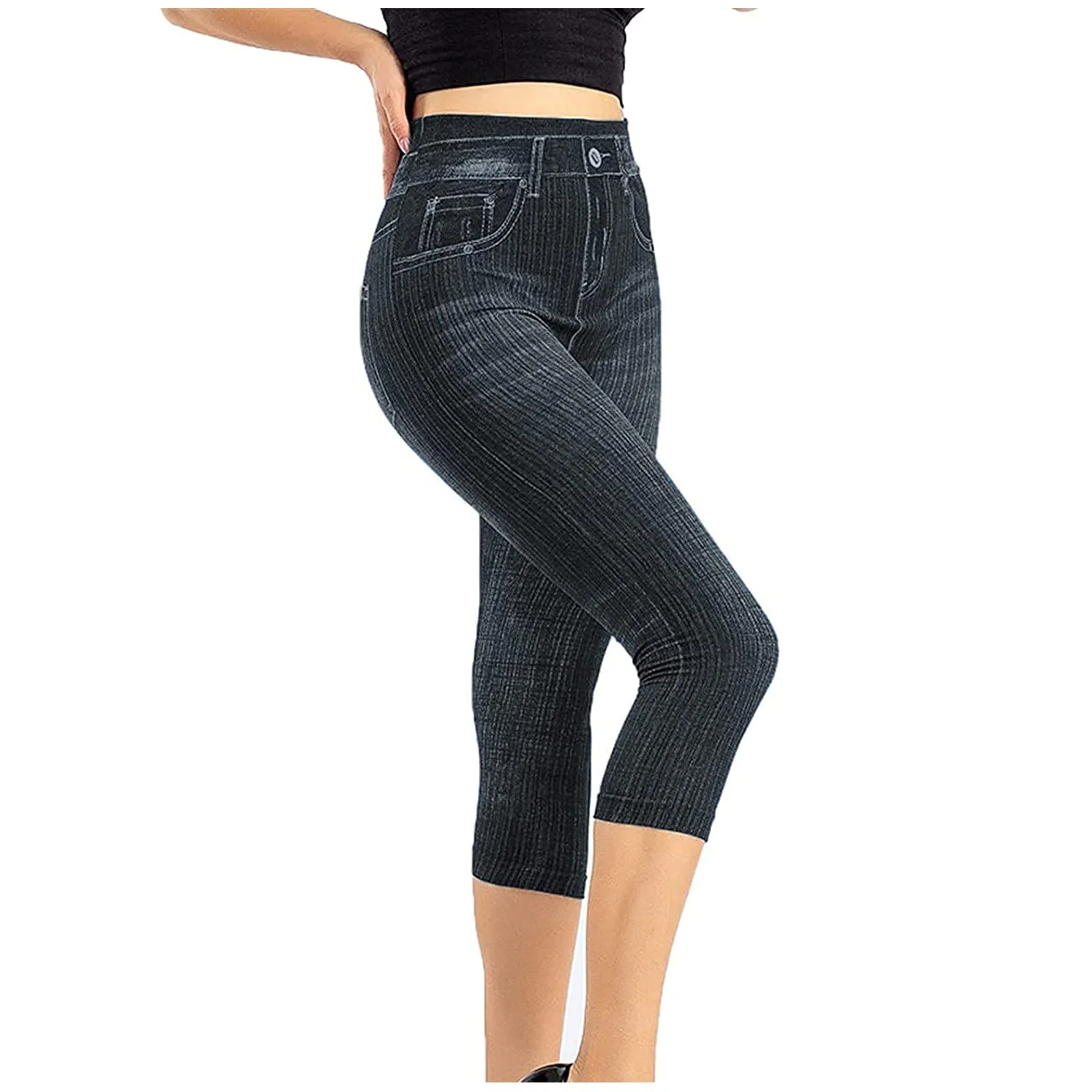 BOTCAM Leggings Capri da Donna 3/4 Effetto Jeans a Vita Alta con Tasche, Nero, XL - immagine 1