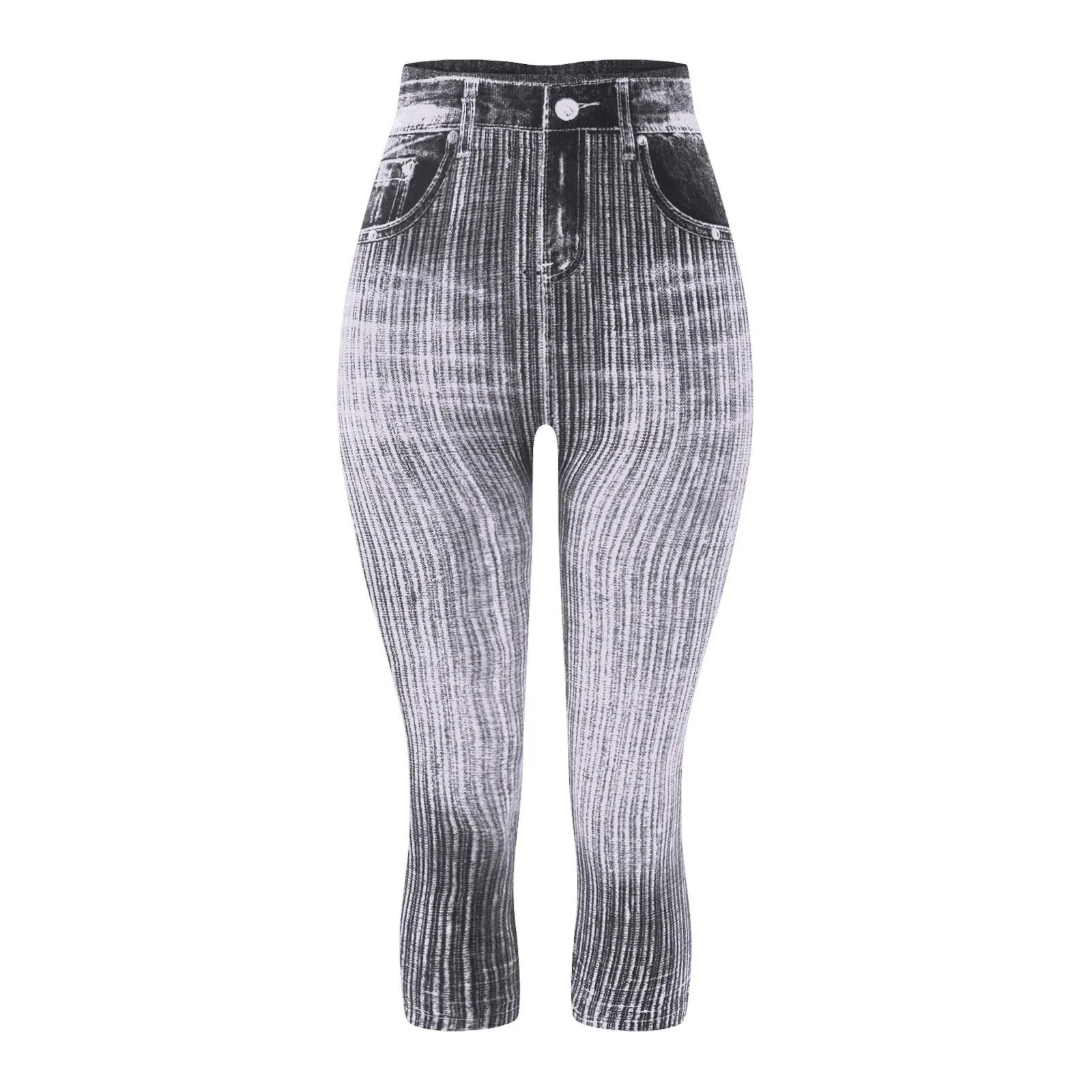BOTCAM Leggings Capri da donna a 3/4 effetto jeans a vita alta con tasche, Grigio, M - immagine 6