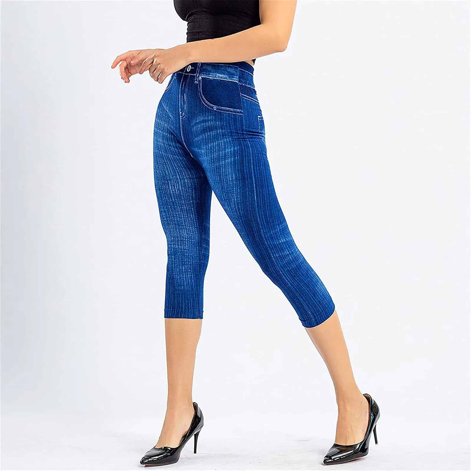 BOTCAM Leggings Capri da donna a 3/4 Effetto Jeans a Vita Alta con Tasche, Blu, XXL - immagine 3