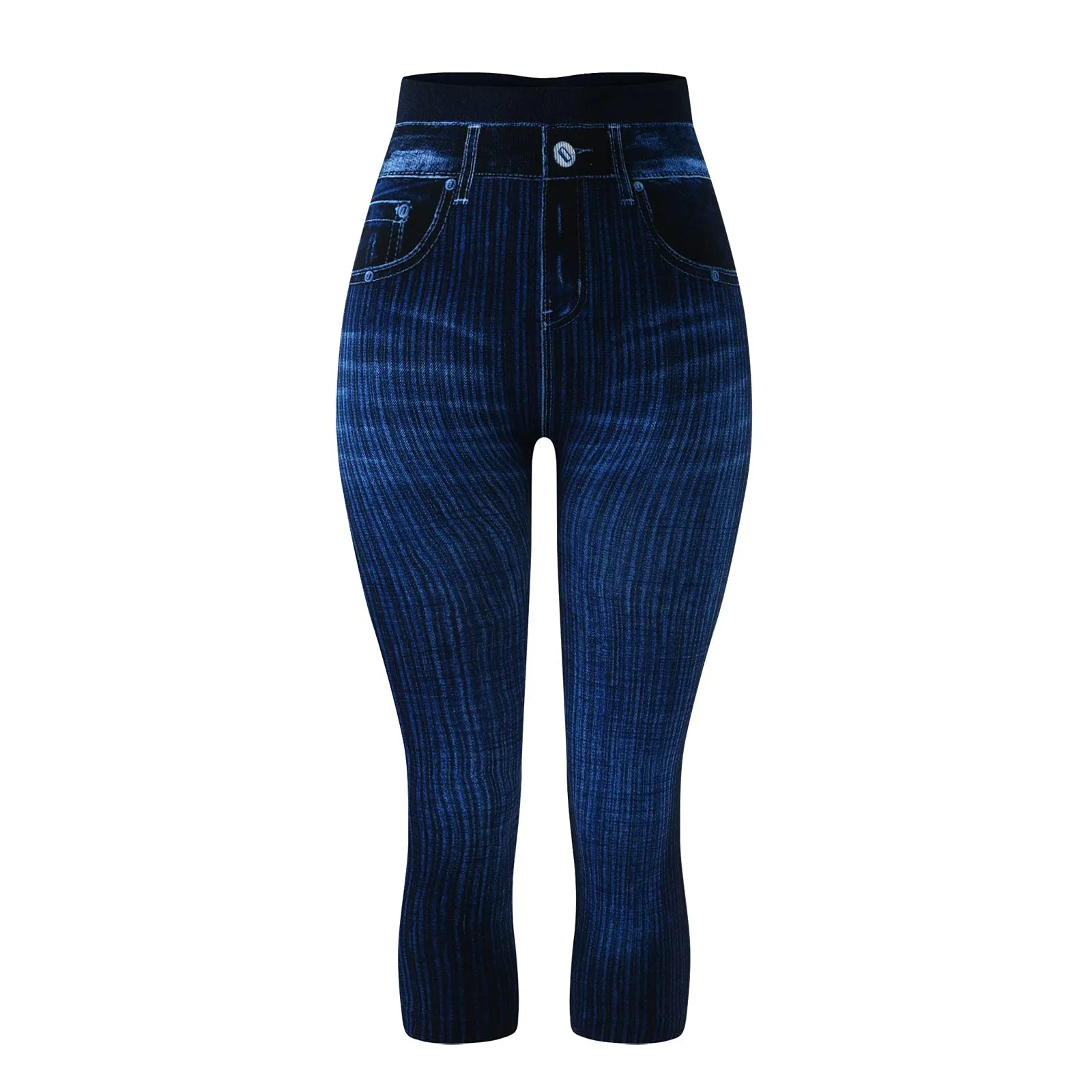 BOTCAM Leggings Capri da donna a 3/4 Effetto Jeans a Vita Alta con Tasche, Blu, XXL - immagine 7
