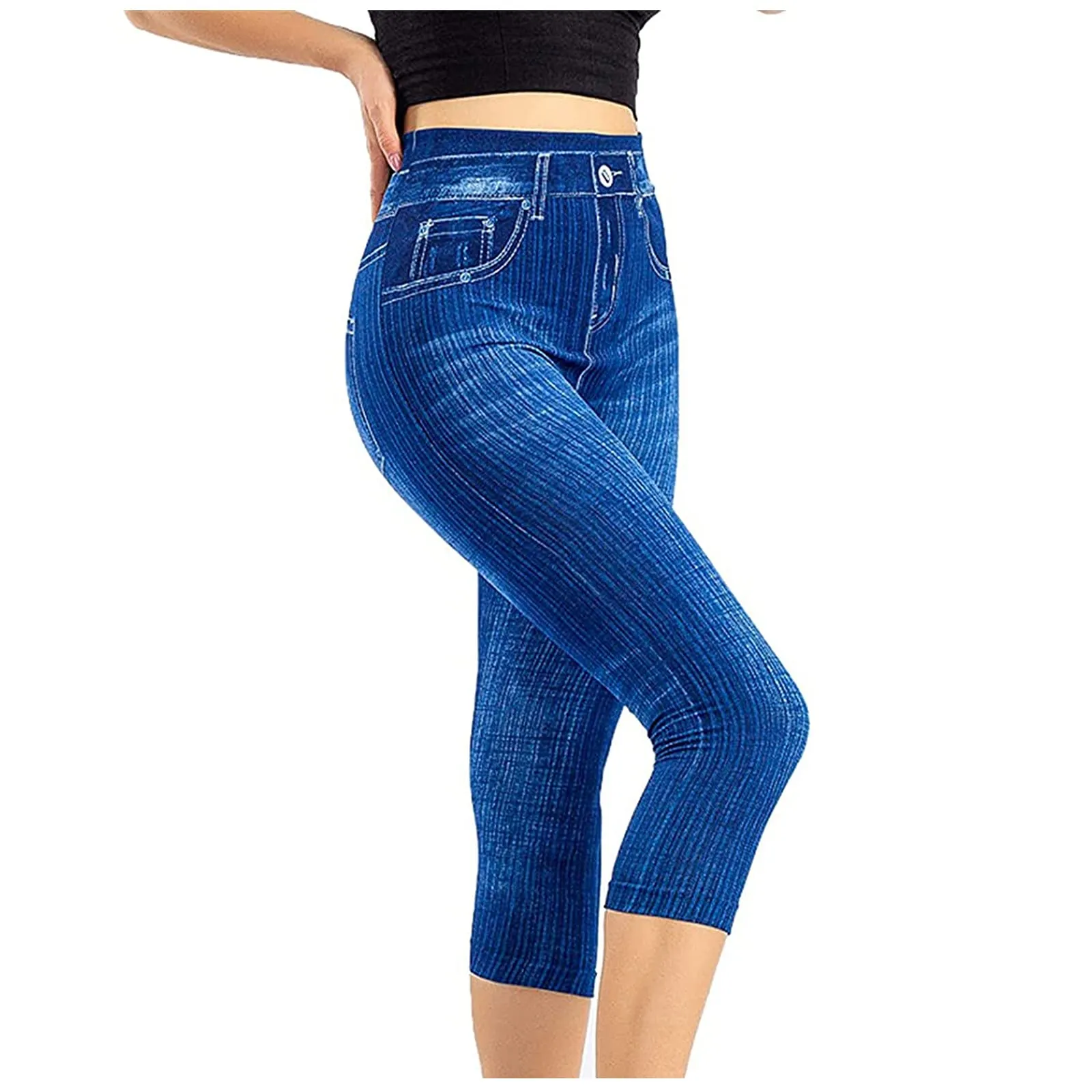 BOTCAM Leggings Capri da Donna a 3/4 Effetto Jeans a Vita Alta con Tasche, Blu, L - immagine 1