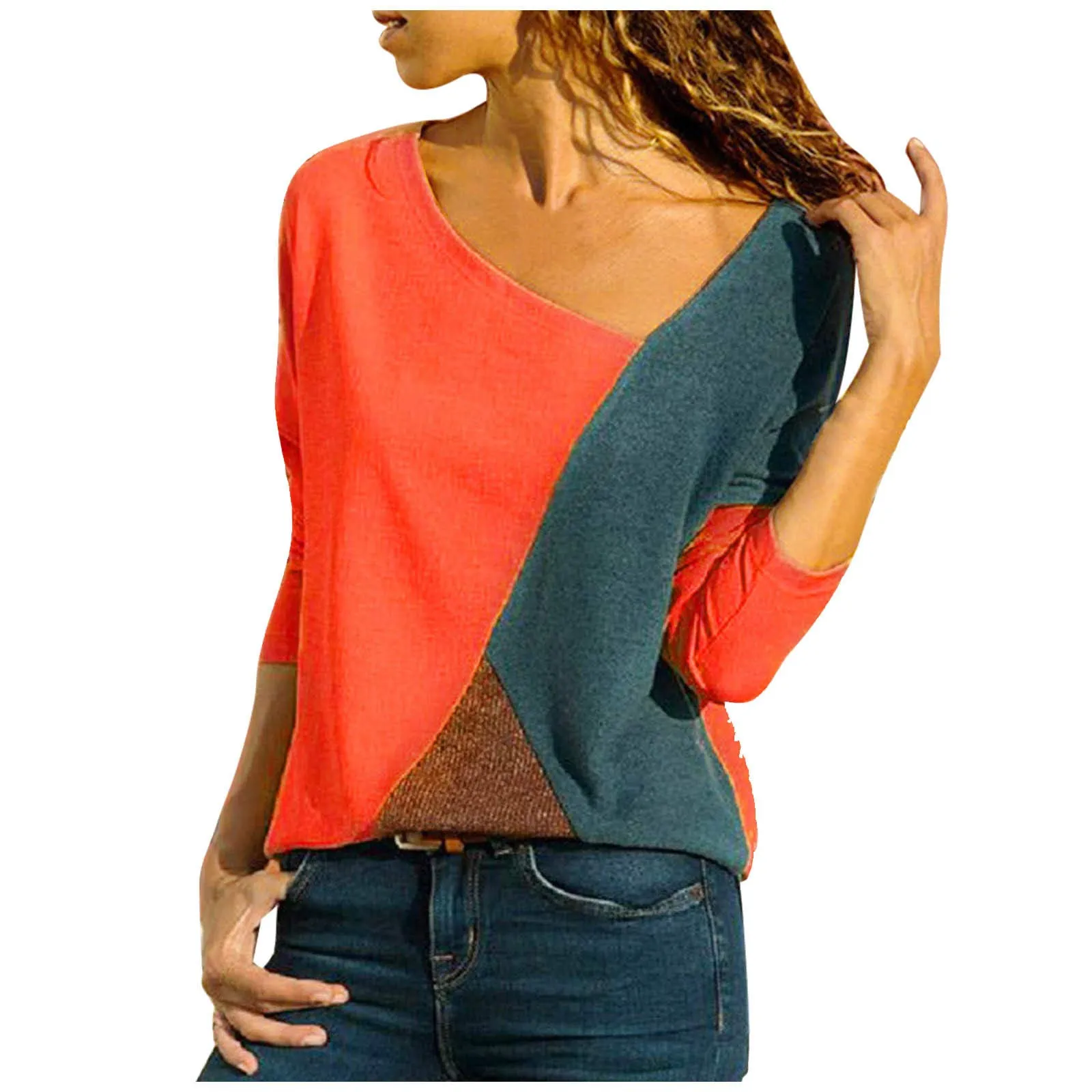 Uwdiohq Donna Blusa Maniche Lunghe Color Splicing Grigia - immagine 1