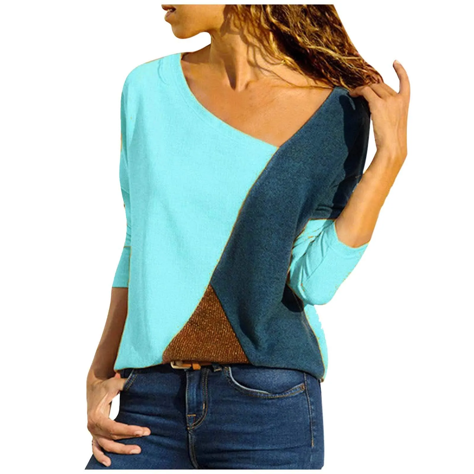 Uwdiohq Donne Bluse Maniche Lunghe Colore Splicing Grigia - immagine 1