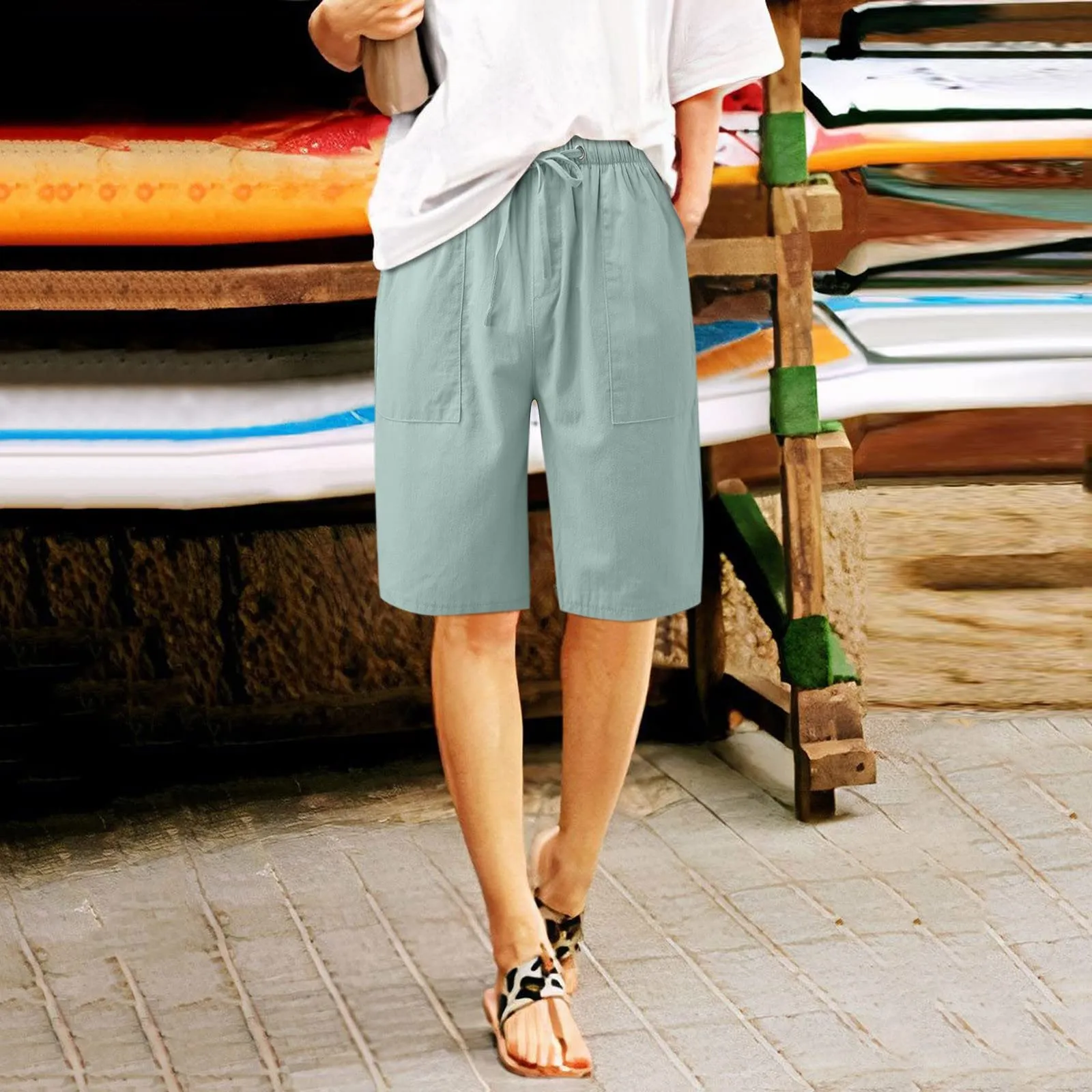 Generico Bermuda Donna Estivi in Lino e Jeans, Pantaloncini Corti Eleganti Casual con Vita Elasticizzata e Coulisse - immagine 3