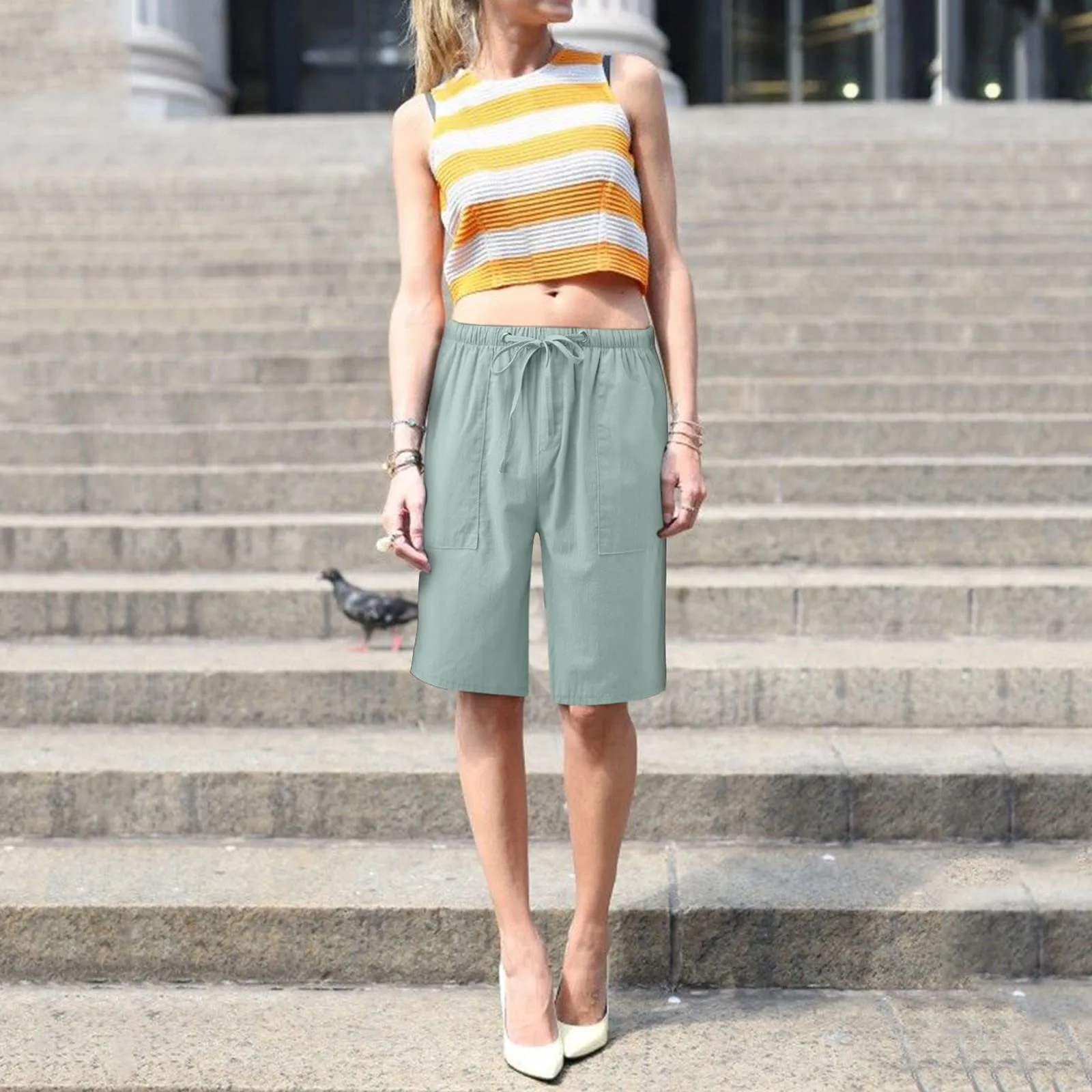Generico Bermuda Donna Estivi in Lino e Jeans, Pantaloncini Corti Eleganti Casual con Vita Elasticizzata e Coulisse - immagine 5