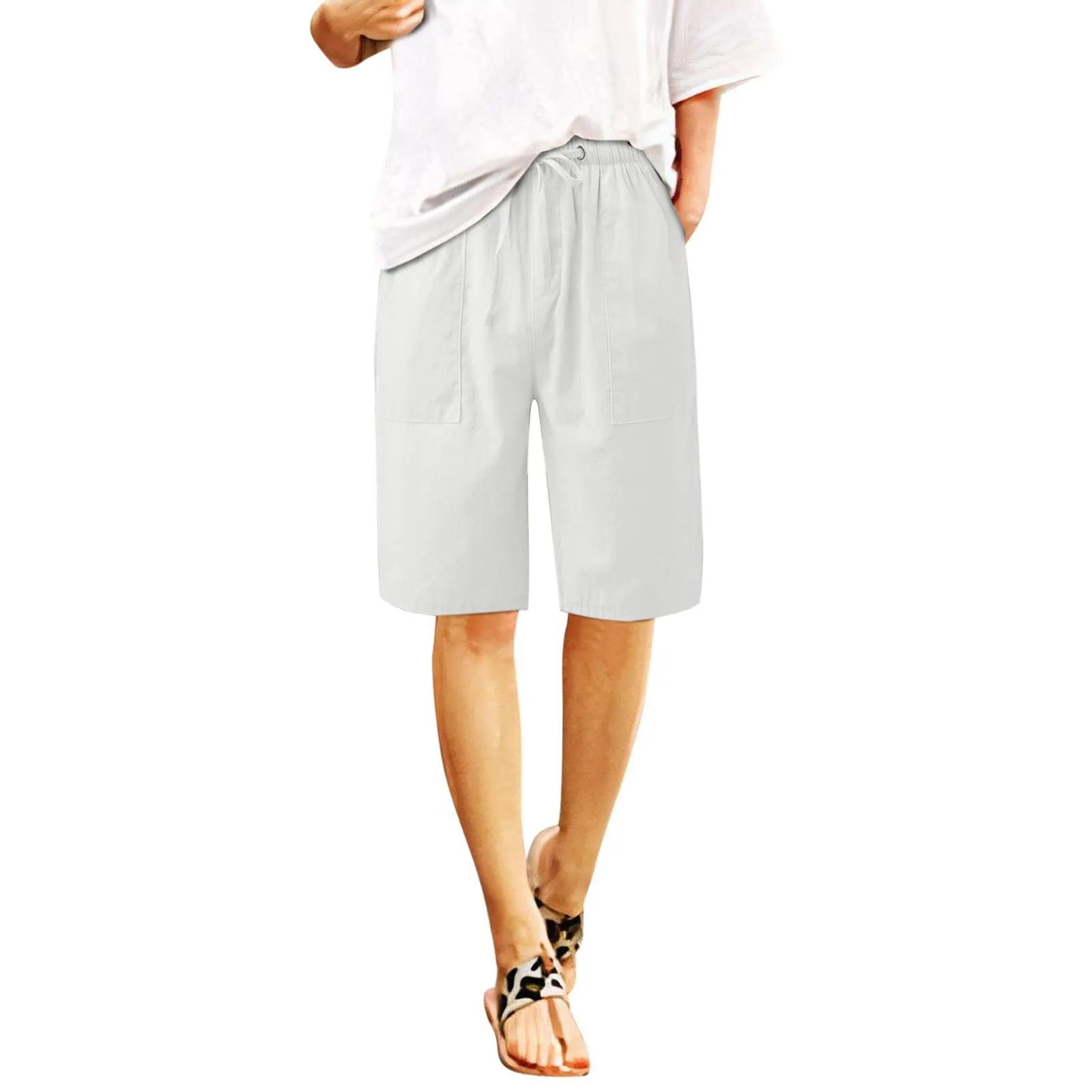 Generico Pantaloni Corti Donna Palestra Vita Alta Lunghezza al Ginocchio Cargo con Tasche Yoga Fitness Baggy - immagine 1