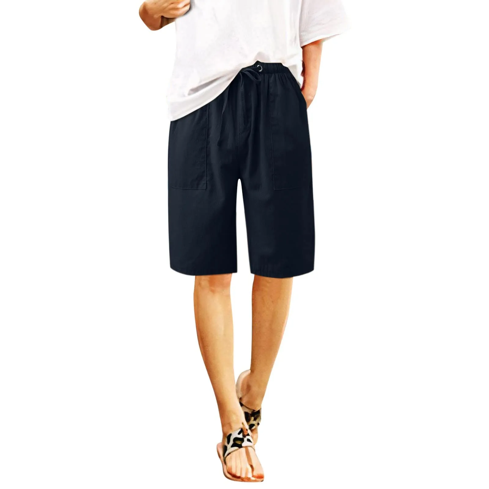 Generico Bermuda Donna in Cotone e Lino, Pantaloncini Sportivi a Gamba Larga con Vita Elastica - immagine 1