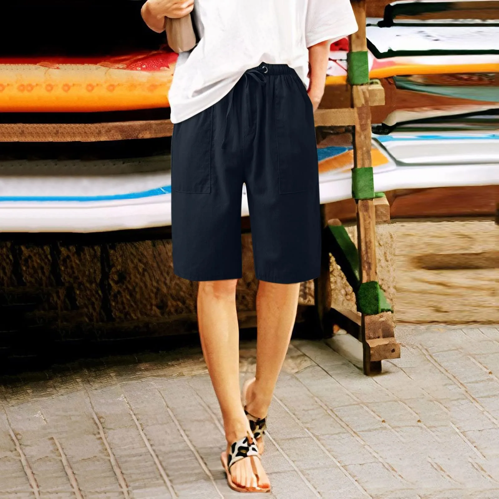 Generico Bermuda Donna in Cotone e Lino, Pantaloncini Sportivi a Gamba Larga con Vita Elastica - immagine 3