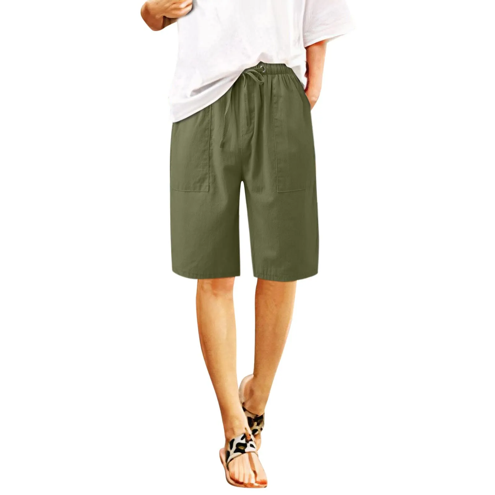 Generico Bermuda Donna Estivi Curvy, Pantaloncini Vita Alta Lunghezza al Ginocchio Cargo con Tasche per Trekking, Viaggi e Sport - immagine 1