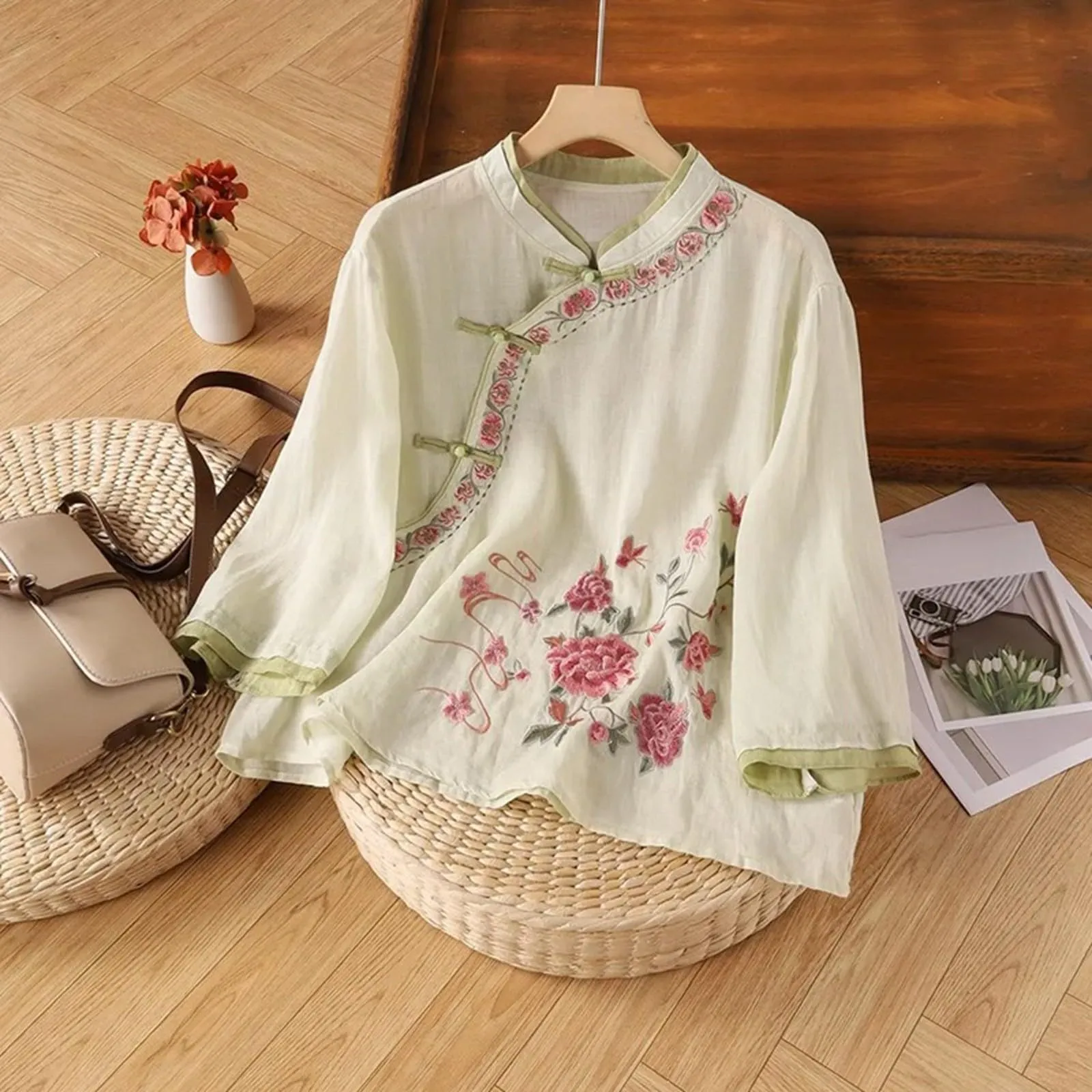 Vhersily Camicetta da Donna in Lino di Cotone Ricamato, Stile Vintage Casual Elegante, Beige - immagine 2