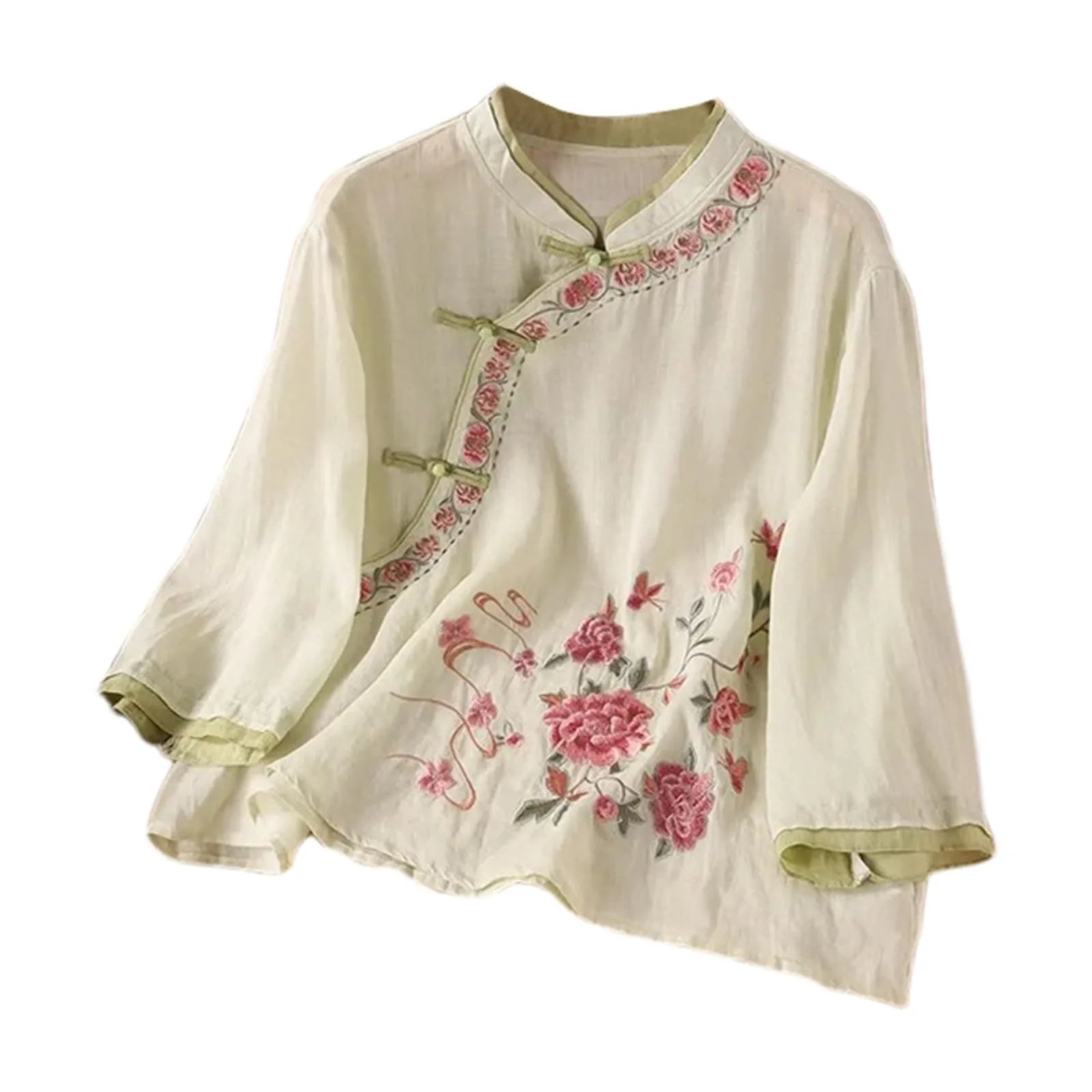 Vhersily Camicetta da Donna in Lino di Cotone Ricamato, Stile Vintage Casual Elegante, Beige - immagine 4