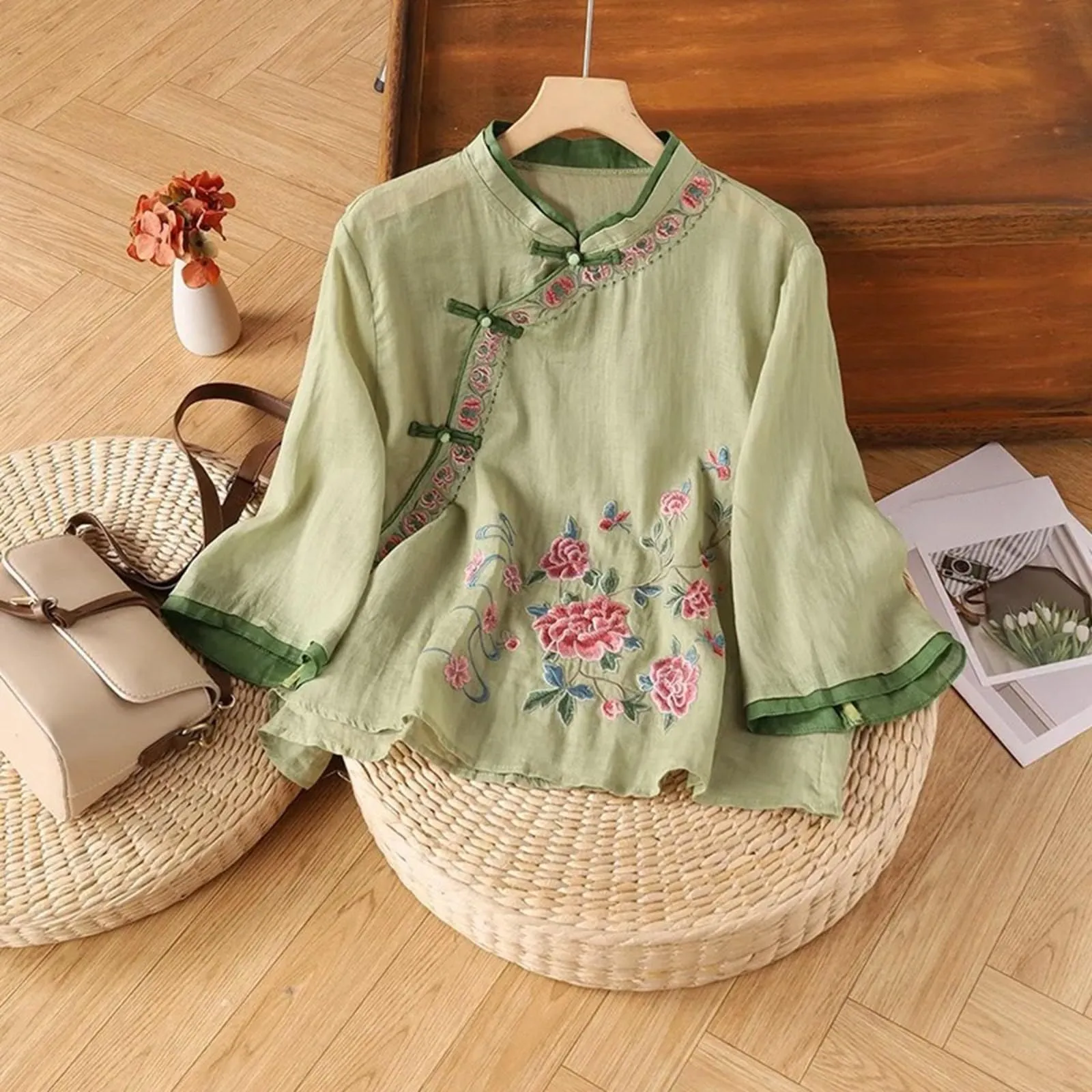 Vhersily Camicetta da Donna in Lino di Cotone Ricamato, Top Estivo Vintage Casual Corto - immagine 2