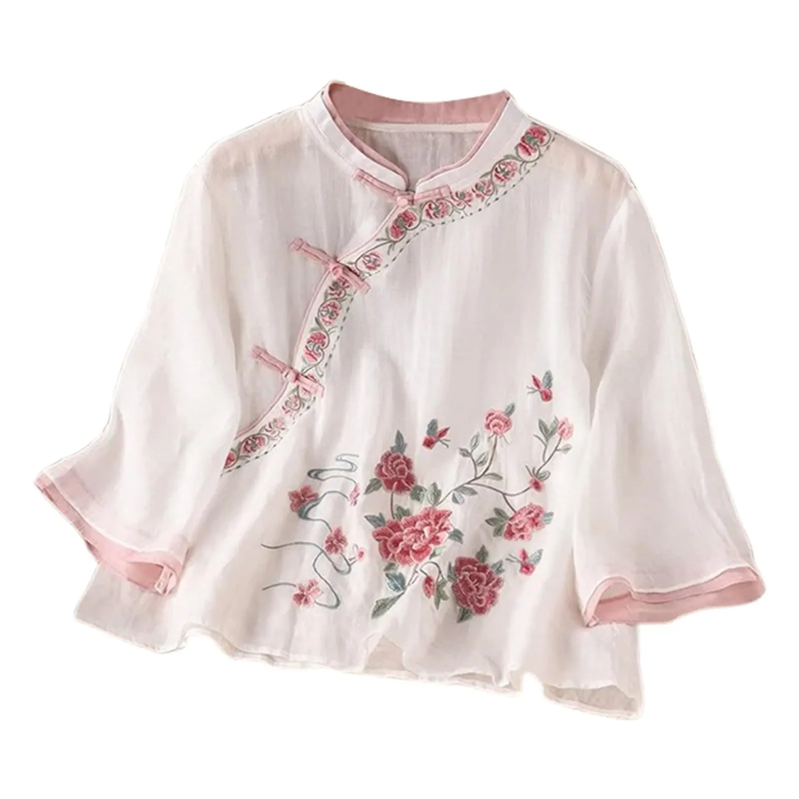 Vhersily Camicetta da Donna in Lino di Cotone Ricamato, Top Estivo Vintage Casual Corto, Elegante per Cerimonia, Bianco - immagine 4