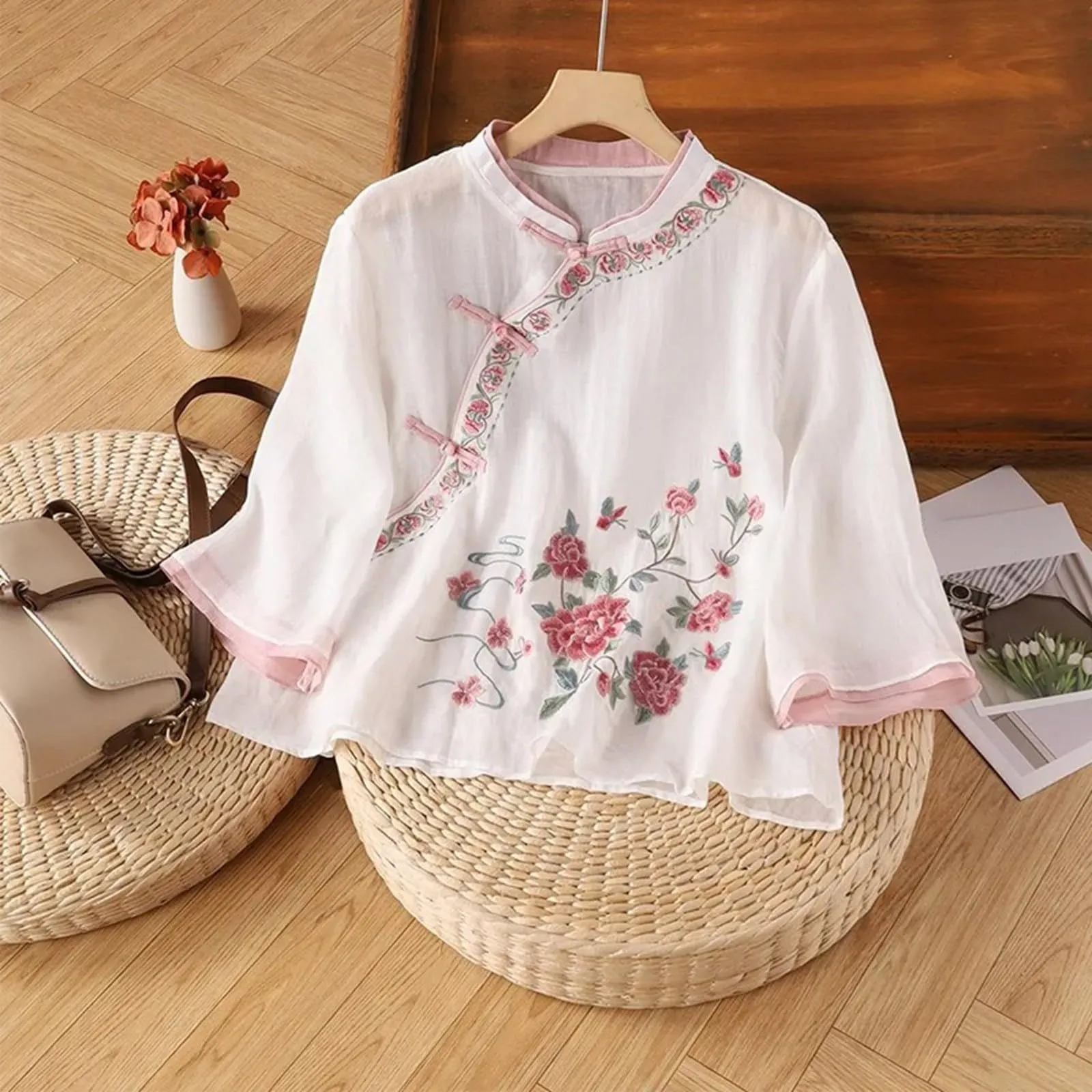 Vhersily Camicetta da Donna in Lino di Cotone Ricamato, Top Estivo Vintage Casual Corta Maglia Elegante - immagine 2