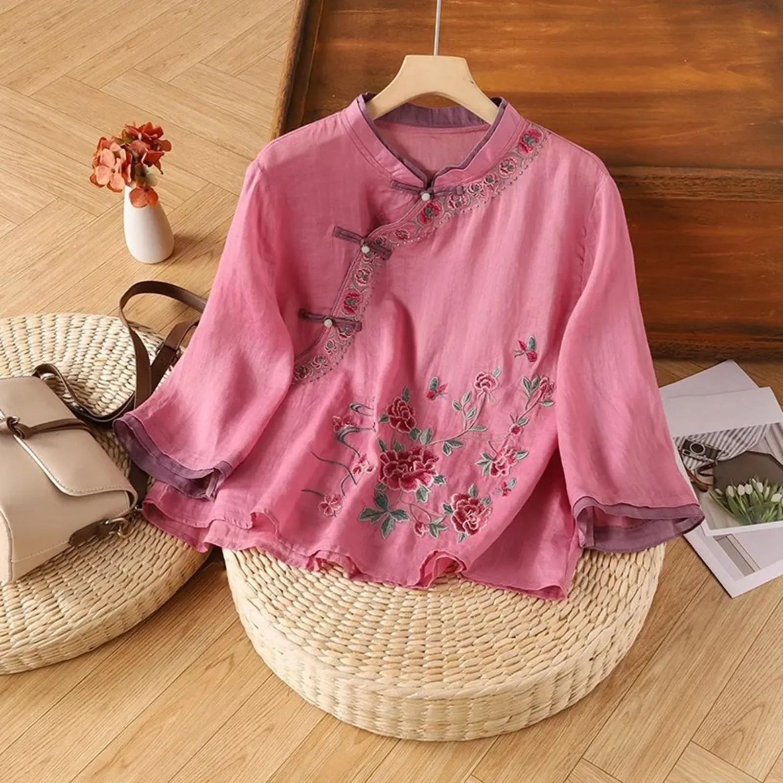 Vhersily Camicetta da Donna in Lino di Cotone Ricamato, Top Estivo Vintage Casual - immagine 2