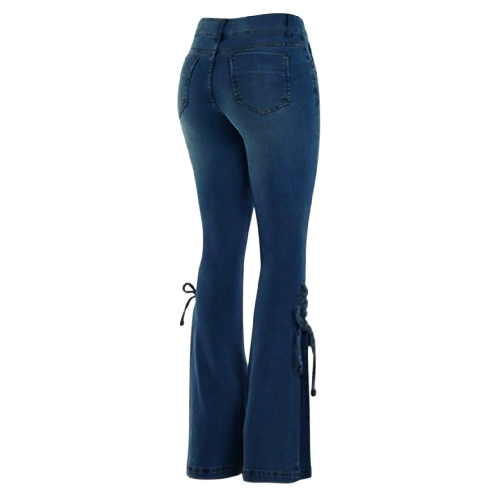 Generico Jeans Donna Flared a Zampa d'Elefante Push Up Vita Alta Elasticizzati Effetto Vissuto Blu - immagine 2