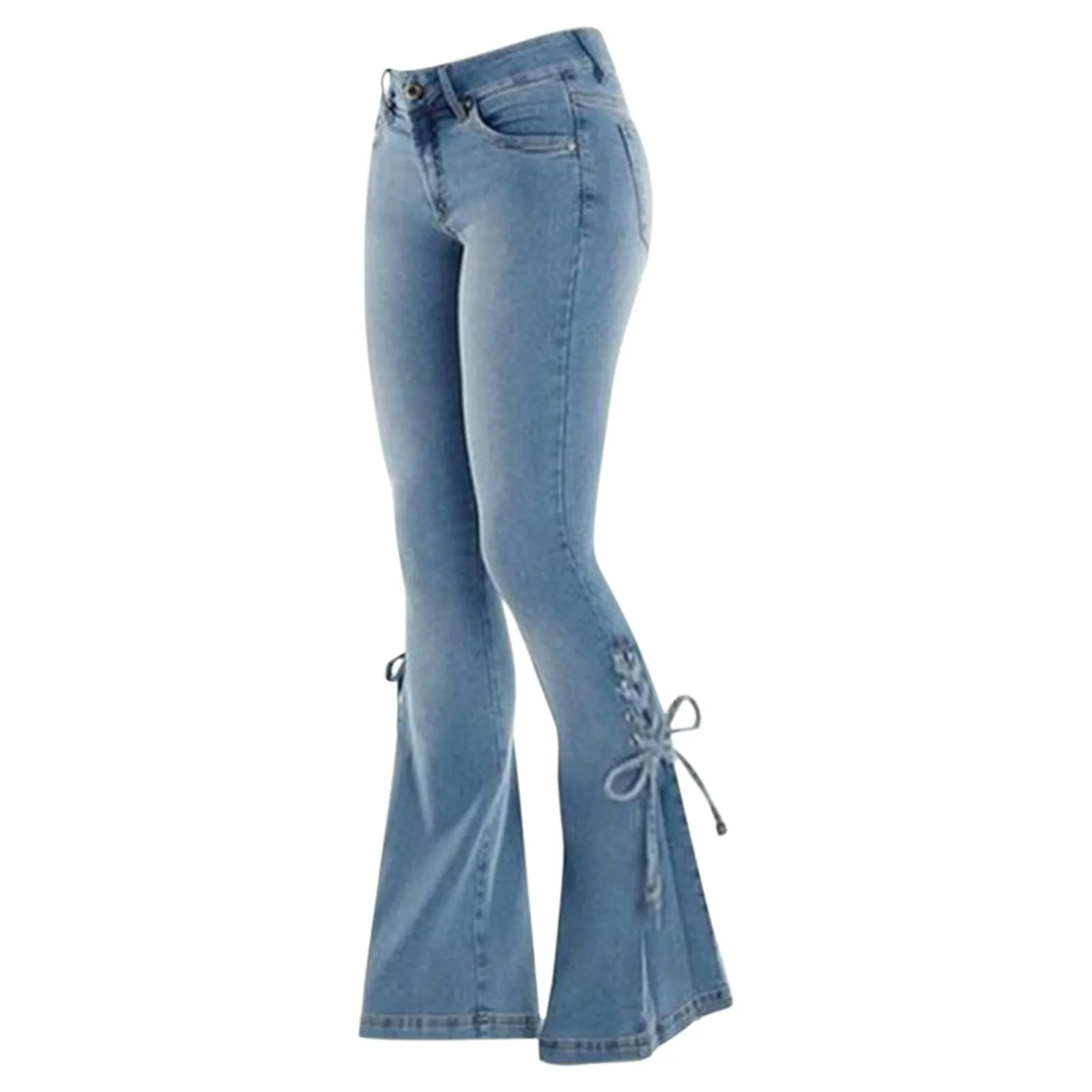 Generico Jeans Donna Flared a Zampa di Elefante Push Up Vita Alta Elasticizzati Effetto Vissuto Retro - immagine 2