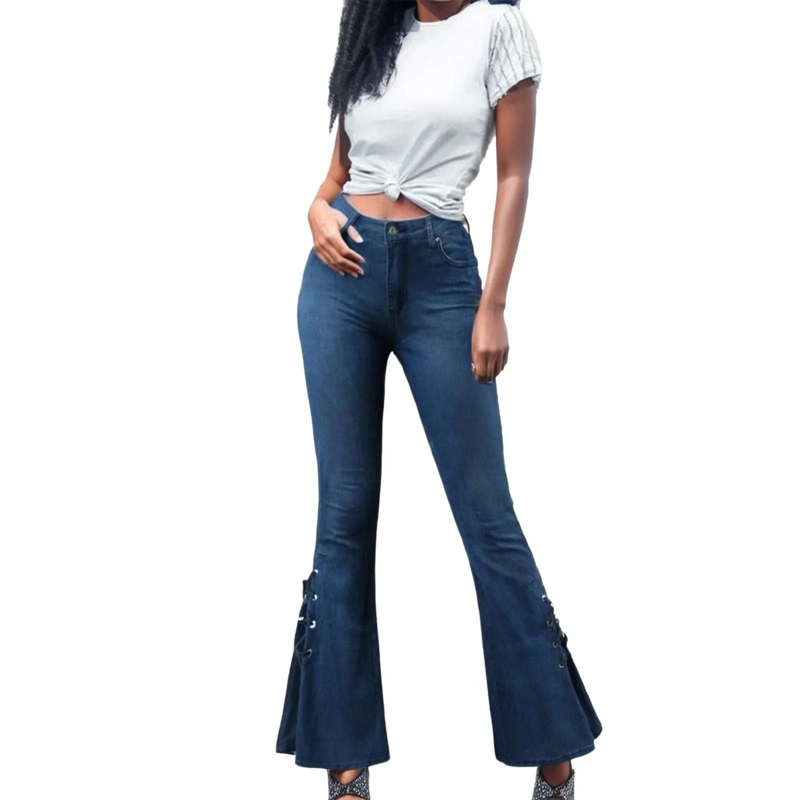 Generico Jeans Donna Flared Push Up Vita Alta Effetto Vissuto Retro - immagine 3