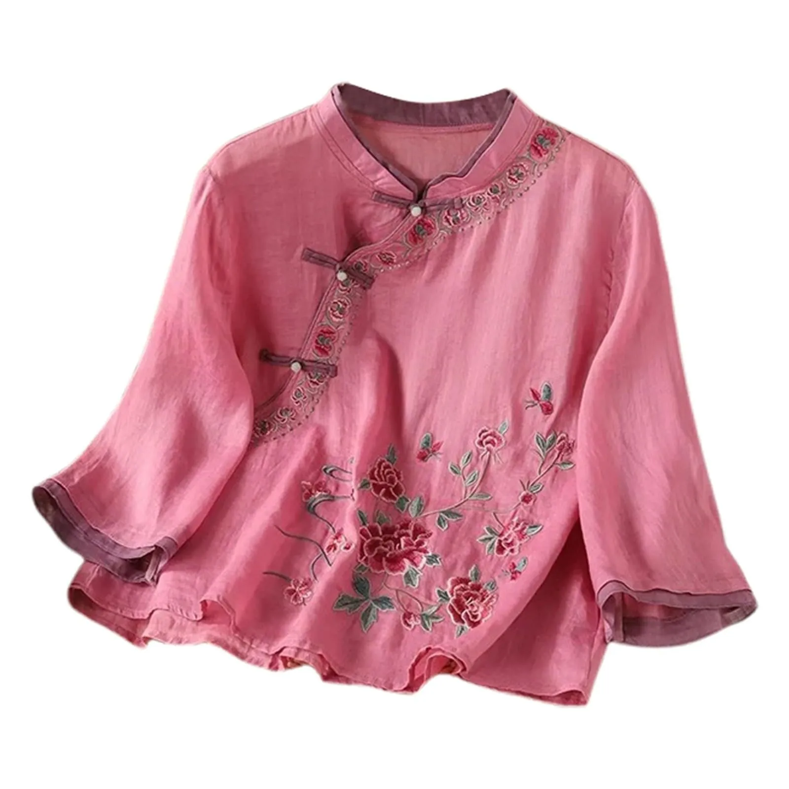 Vhersily Camicetta da Donna in Lino di Cotone Ricamato, Top Estivo Vintage Casual - immagine 4