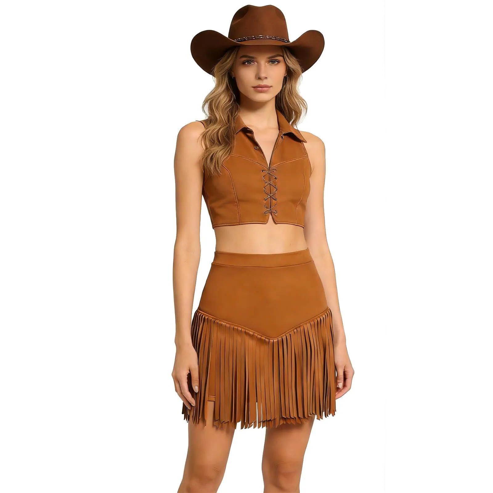 Generisch Costume da Cowgirl da Donna in Effetto Pelle Scamosciata con Frange, Crop Top e Minigonna, Marrone, M - immagine 1