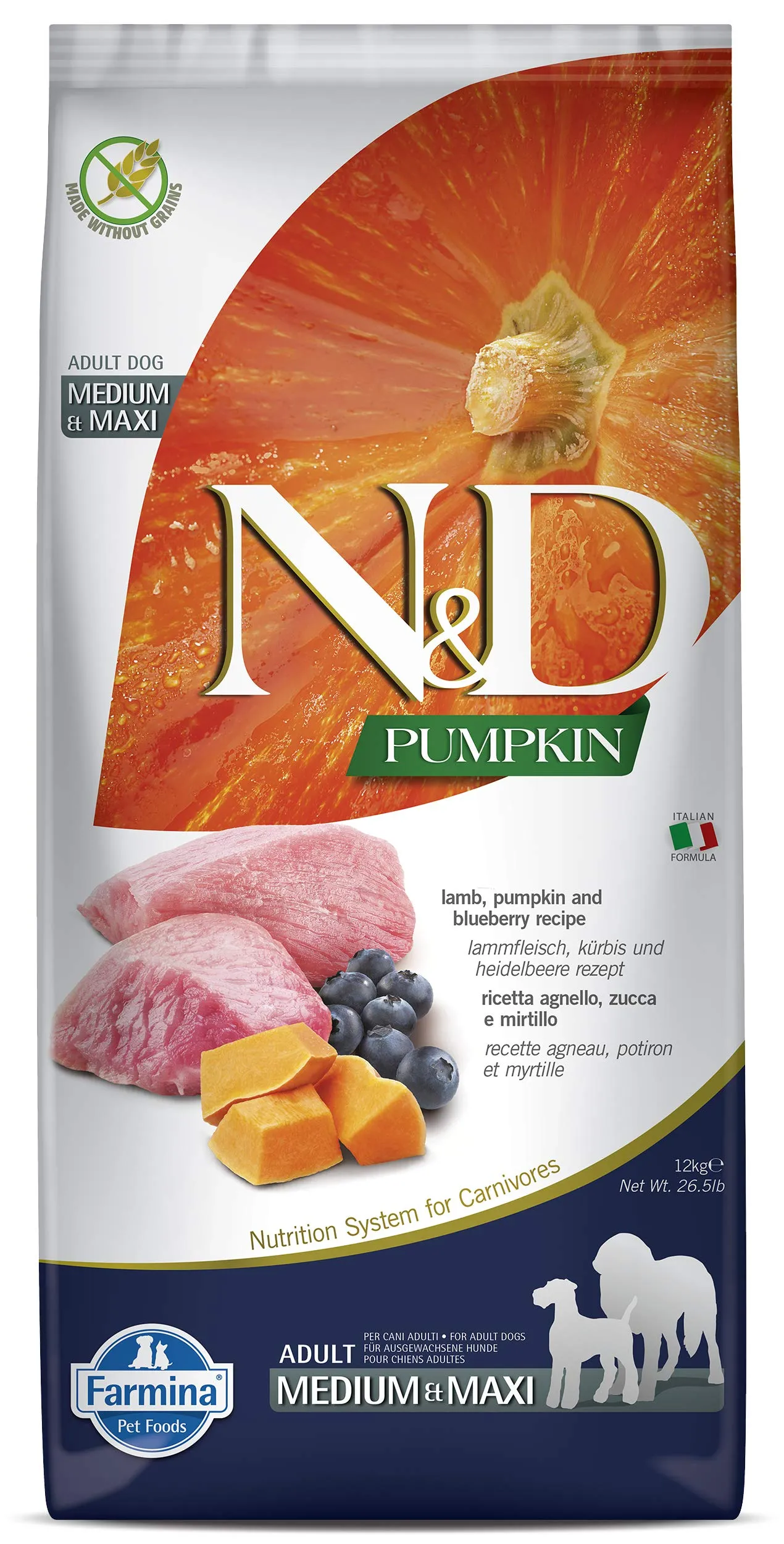 N&D Pumpkin Lamb, Pumpkin and Blueberries Dog Food, Adult Medium/Maxi, 12kg - immagine 1