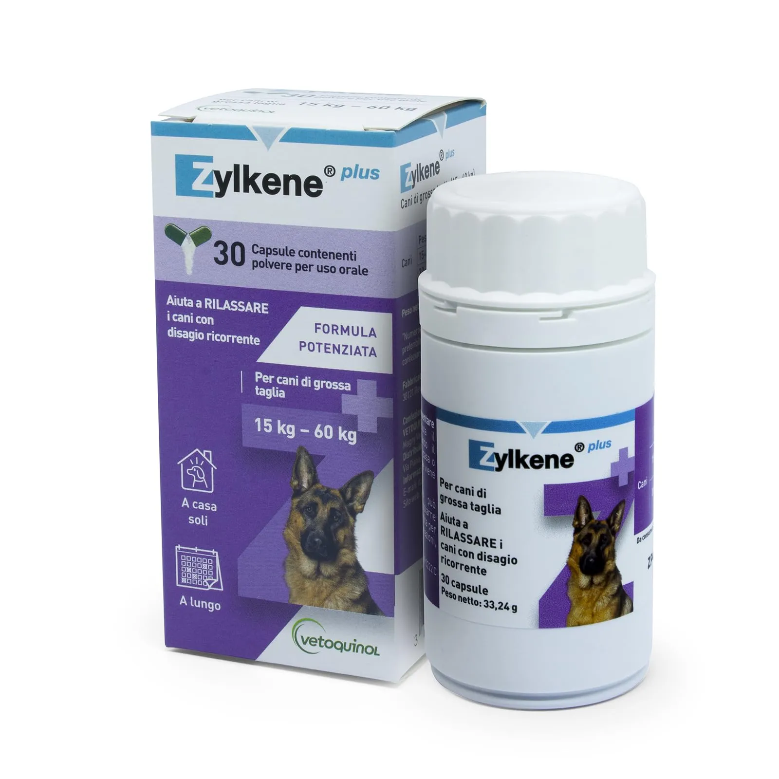 Vetoquinol Zylkene Plus Mangime Complementare per Cani (15-60 kg) 450 mg, 30 capsule - immagine 1