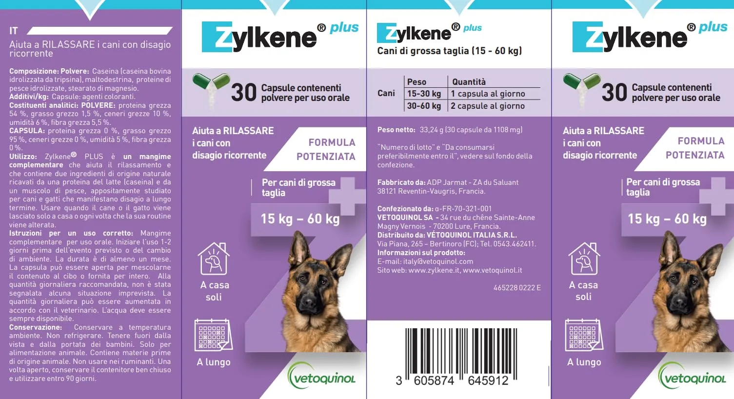 Vetoquinol Zylkene Plus Mangime Complementare per Cani (15-60 kg) 450 mg, 30 capsule - immagine 2