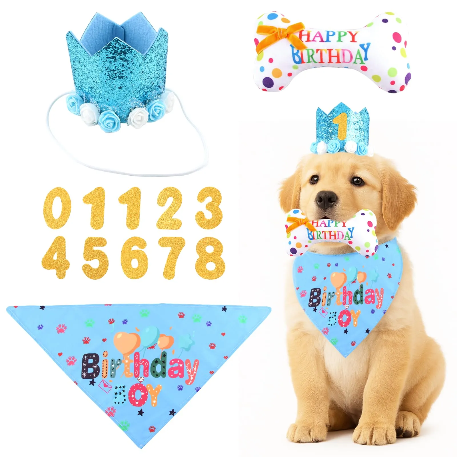 shallyong Set Compleanno Cane 4 Pezzi, Decorazioni Festa con Cappellino e Bandana, Blu, Small/Medium - immagine 1