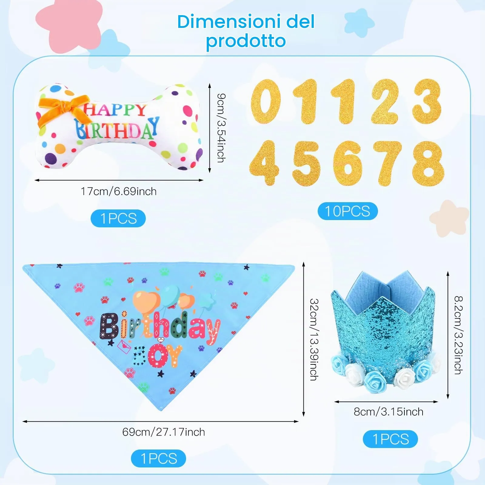 shallyong Set Compleanno Cane 4 Pezzi, Decorazioni Festa con Cappellino e Bandana, Blu, Small/Medium - immagine 2