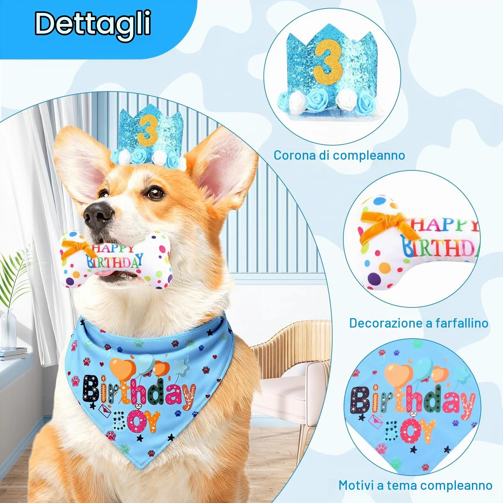 shallyong Set Compleanno Cane 4 Pezzi, Decorazioni Festa con Cappellino e Bandana, Blu, Small/Medium - immagine 3