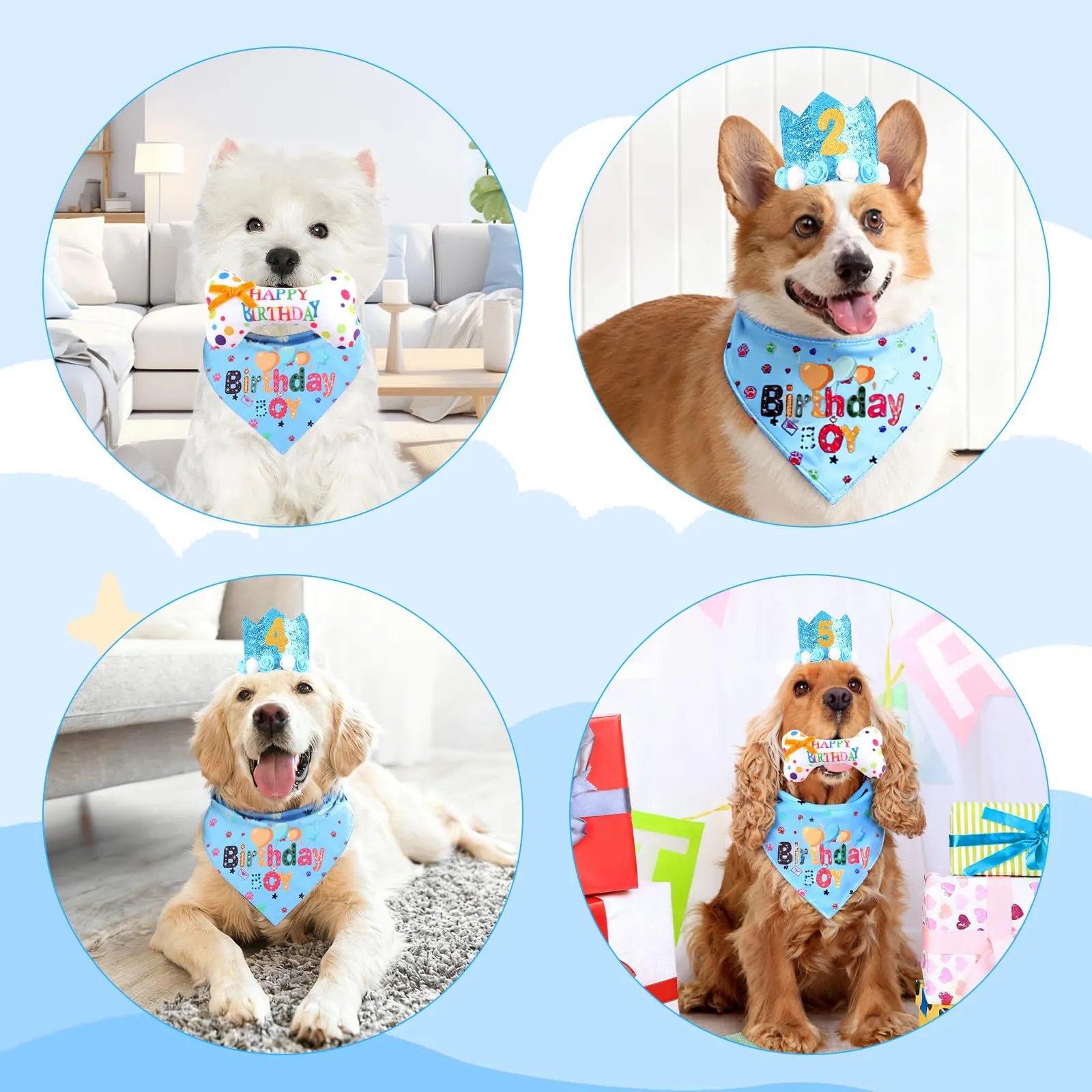 shallyong Set Compleanno Cane 4 Pezzi, Decorazioni Festa con Cappellino e Bandana, Blu, Small/Medium - immagine 7