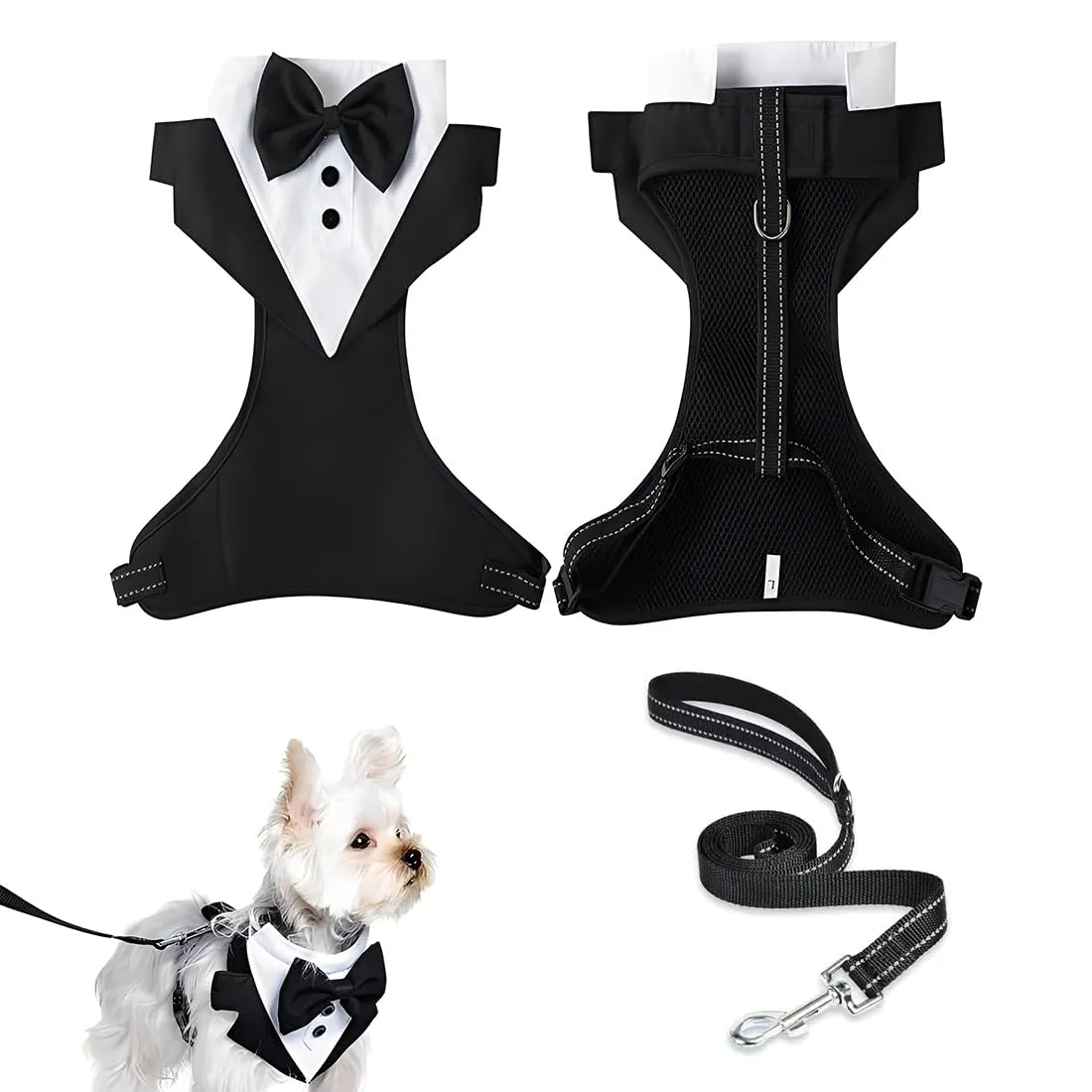 FHRYNA Set Collare a Bandana con Papillon, Pettorina e Guinzaglio (1.5m), Taglia M - immagine 1