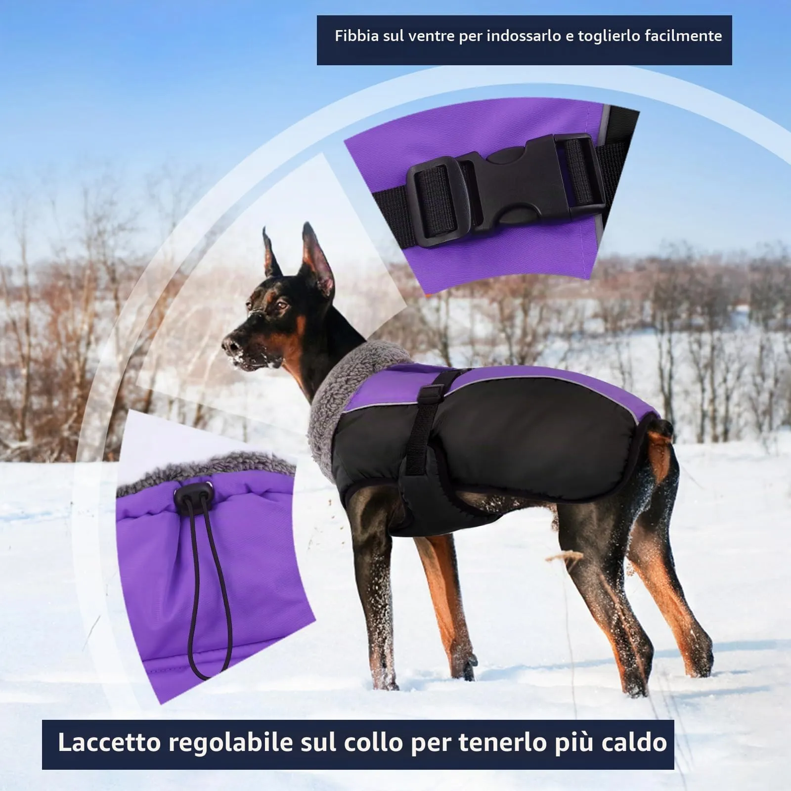 IECOii Cappotto Invernale per Cani Impermeabile e Antivento, Giacca Termica con Pile di Corallo e Strisce Riflettenti, Taglia S - immagine 3