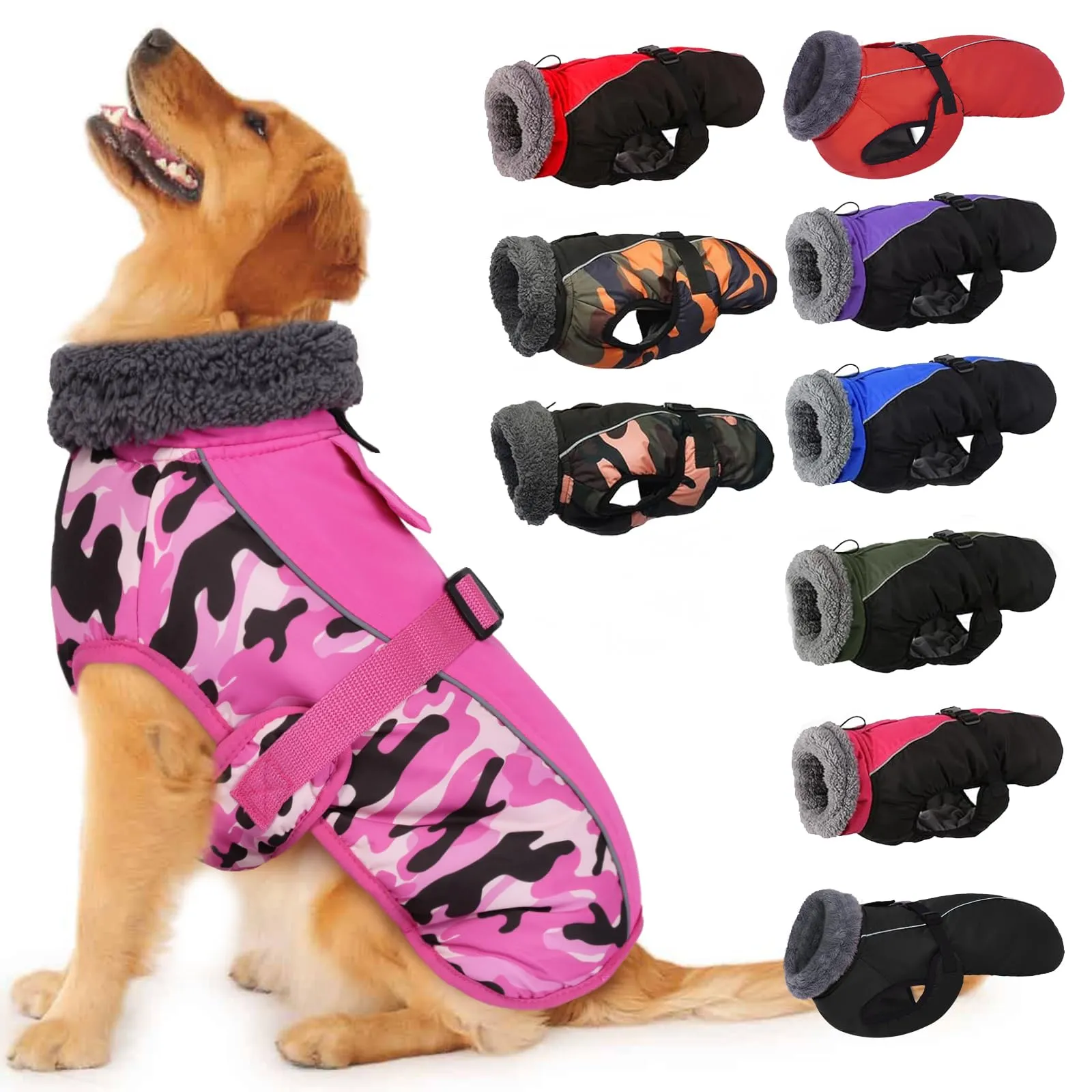 IECOii Cappotto Invernale per Cani in Pile Riflettente e Impermeabile con Collo Alto e Foro per Imbracatura, Rosa Mimetico - immagine 1