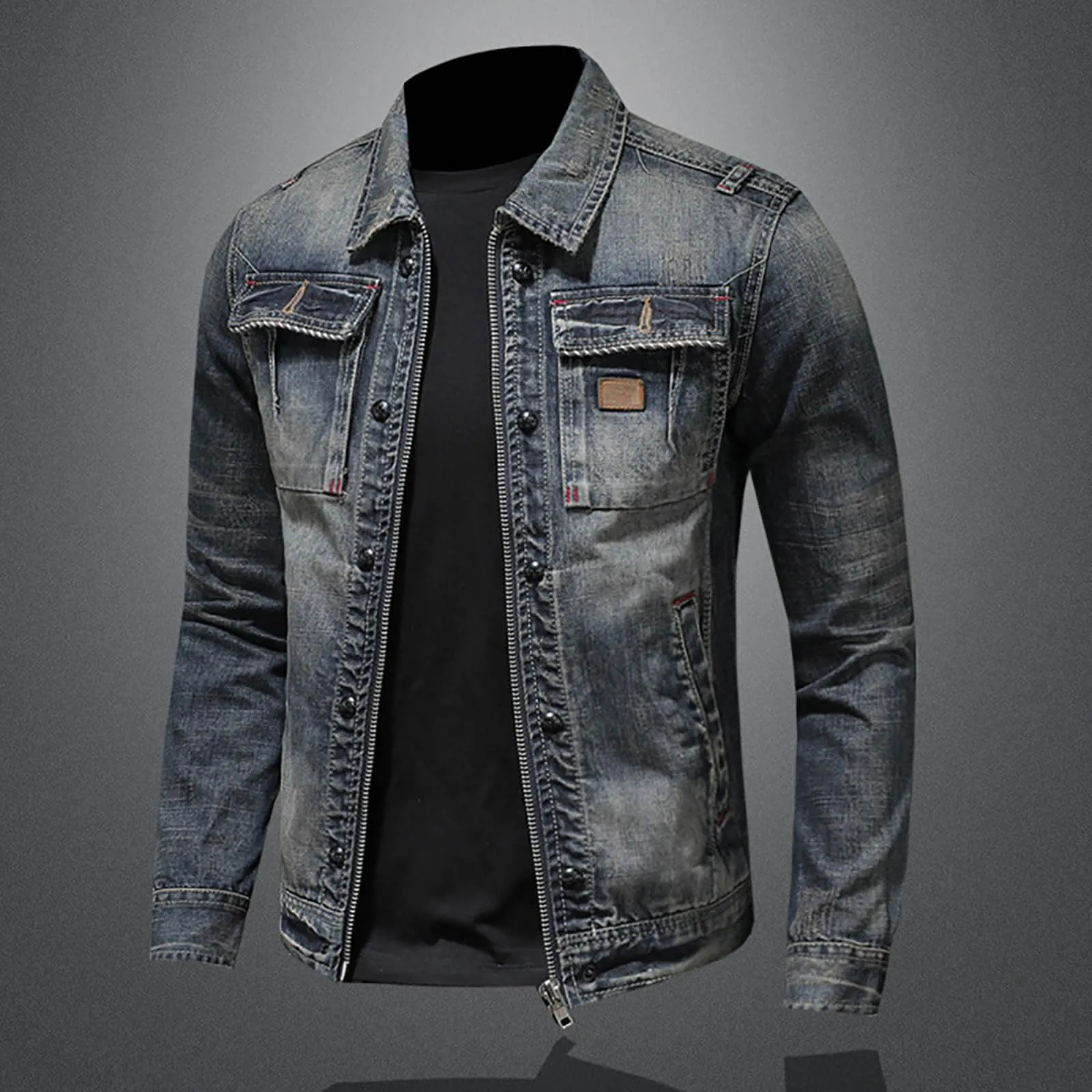 Giacca Jeans Uomo Nera, Giubbotto Denim Mezza Stagione Collo Alto con Zip Casual Vintage - immagine 3