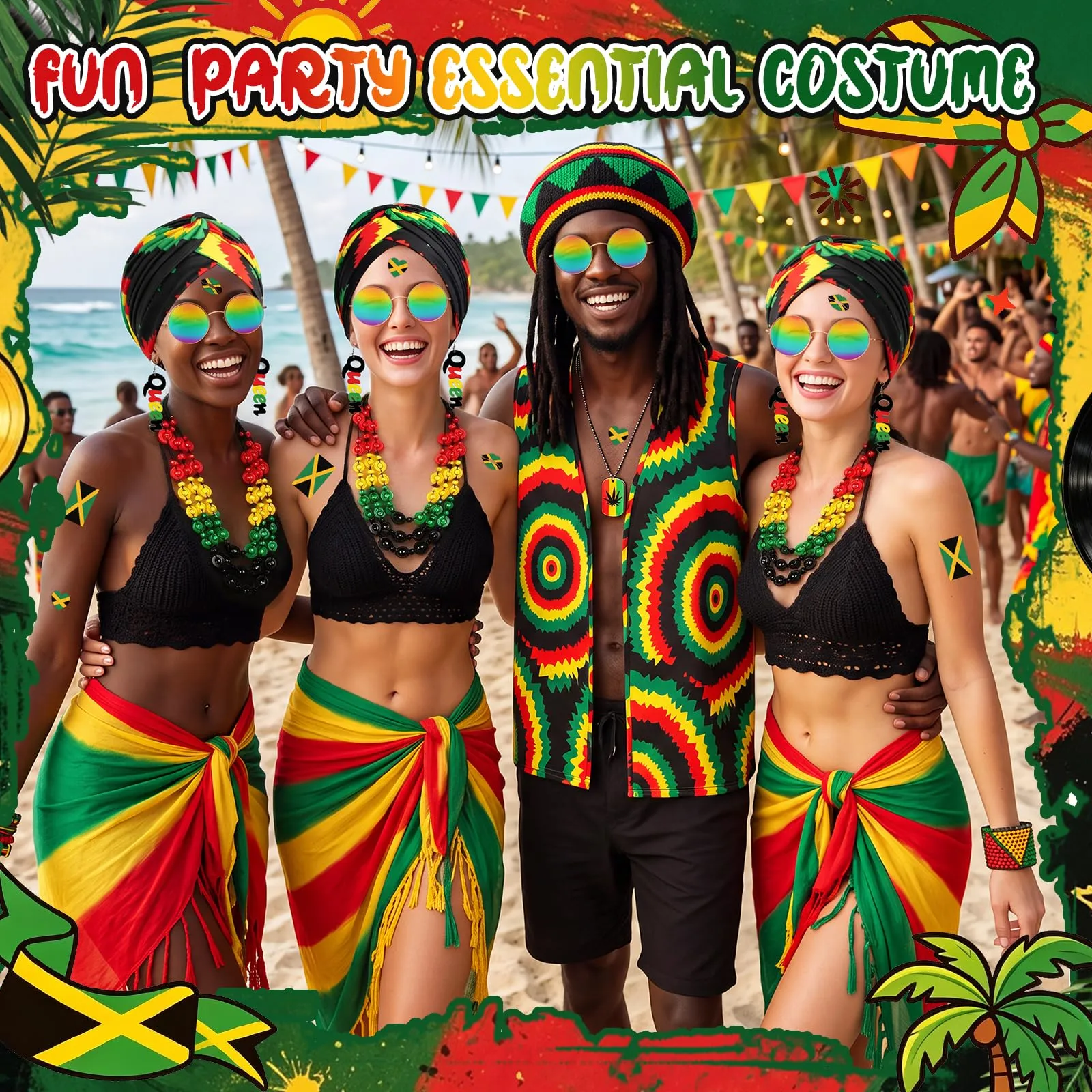 KufaerBeam Set 6 Accessori Costume Reggae Rasta Giamaicana con Gilet, Occhiali da Sole, Dreadlock, Parrucca, Cappello e Adesivi - immagine 4