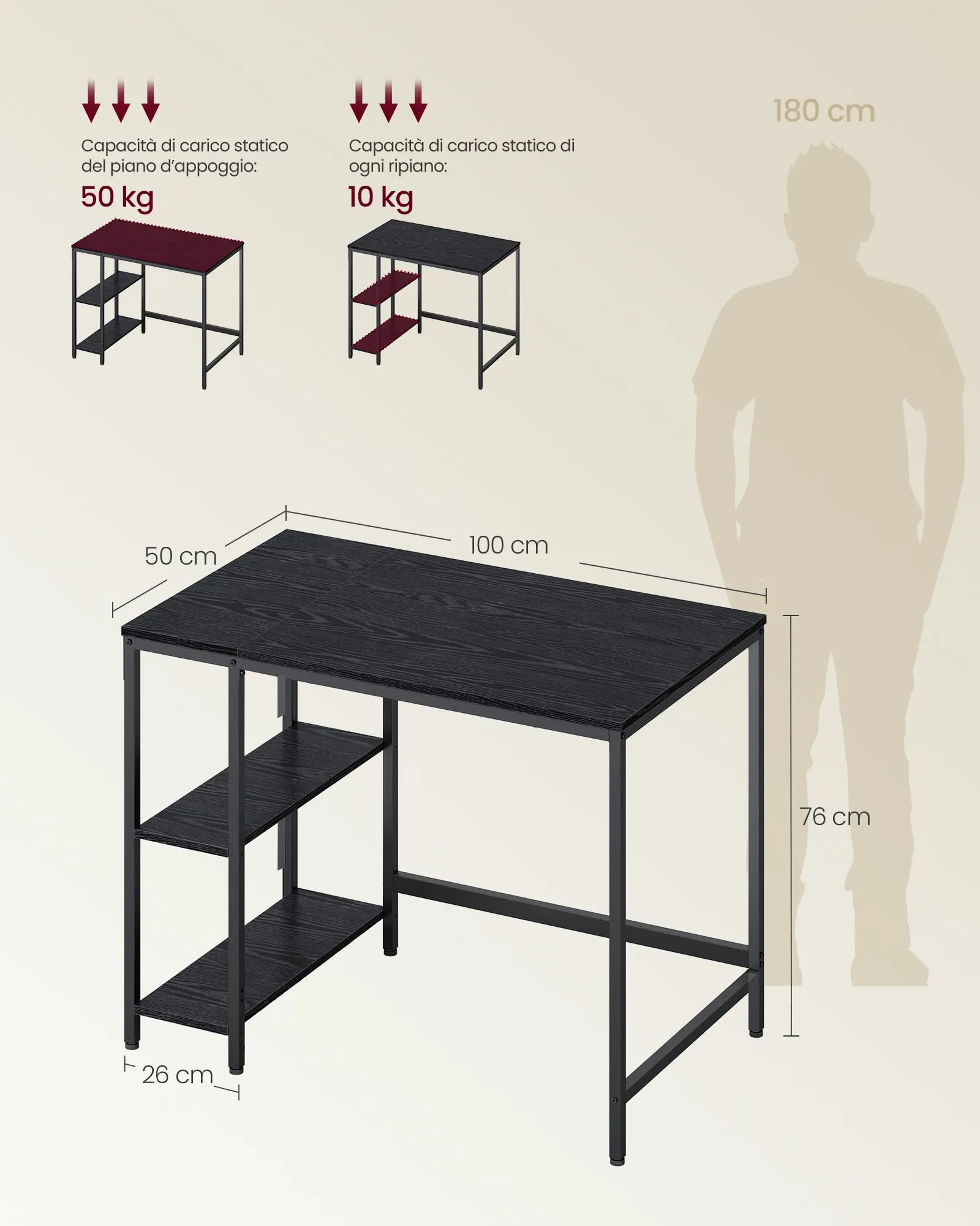 VASAGLE Scrivania per Computer Moderna, 100 x 50 x 76 cm, Nero Ebano - immagine 6
